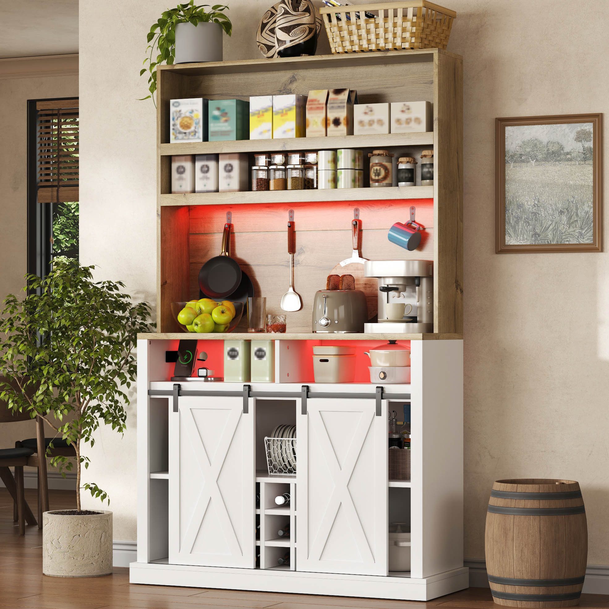 Flieks Küchenbuffet Hochschrank mit LED-Beleuchtung, Steckdose, Haken, Weinregal (1-St., B110/T42/H191 cm) Küchenschrank mit Arbeitsplatte in Holzoptik Mehrzwec – Bild 3 von 5