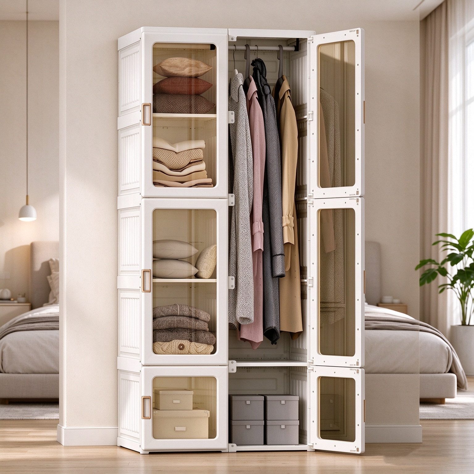 Simurq Kinderkleiderschrank kleiderschrank für Schlafzimmer,Faltbarer Kleiderschrank (6-Tür-Kleiderschrank mit 10 Fächern, 1 Stange und transparenter Tür) Schlafzimmerschrank für Kleidung, Outdoor, Einzelschrank