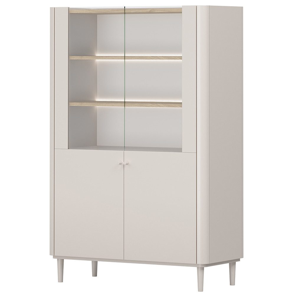 Lomadox Vitrine ELOY-141 Kaschmir Beige Eiche Dekor 100 cm LED Lichtstreifen Softclose