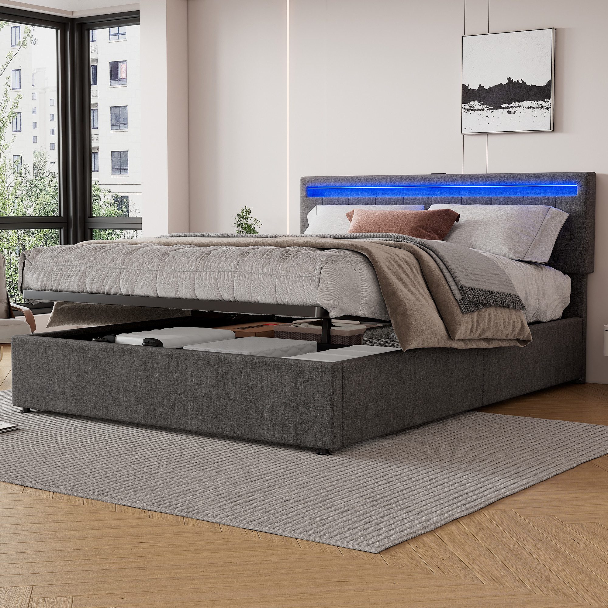 Flieks Polsterbett, LED Hydraulisches Doppelbett 160x200cm mit Ladefunktion günstig online kaufen
