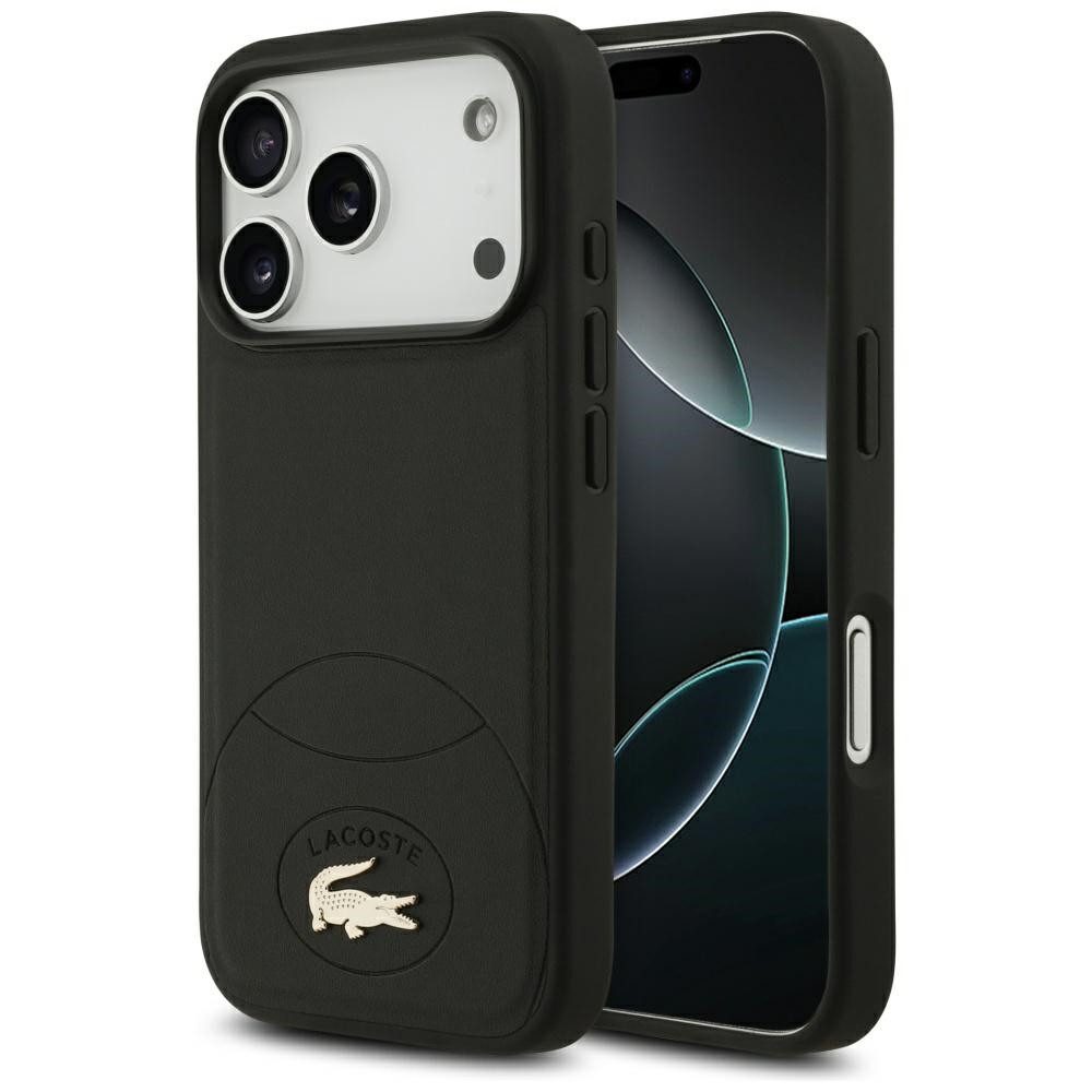 Lacoste Handyhülle Bliss MagSafe Hülle iPhone 17 Pro Kunstleder Schwarz Logo Metall 6,3 Zoll, Kantenschutz