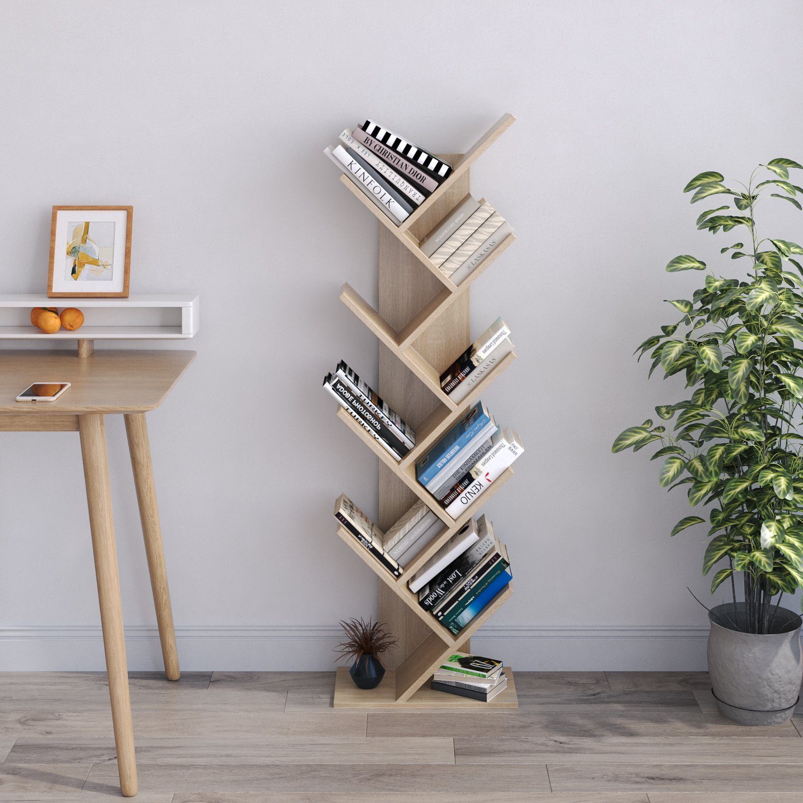 Braun Bücherschrank, aus Mondeer einfaches Design und exquisites Bücherregal Holz Baumform lagiges, 9 Platzsparen in Würfelregal