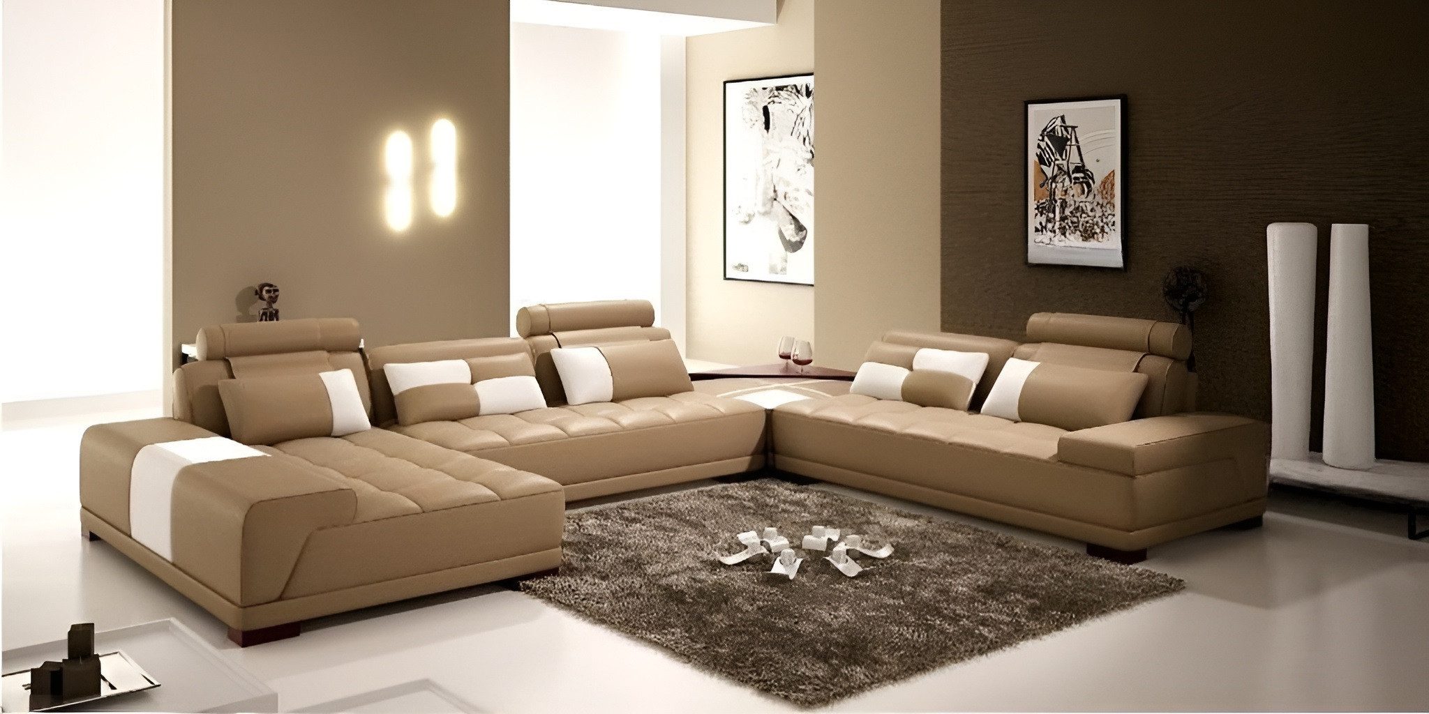 Xlmoebel Wohnlandschaft Ledersofa PH376 in Beige mit hochwertiger Polsterung, Wohnlandschaft, Hergestellt in Europa