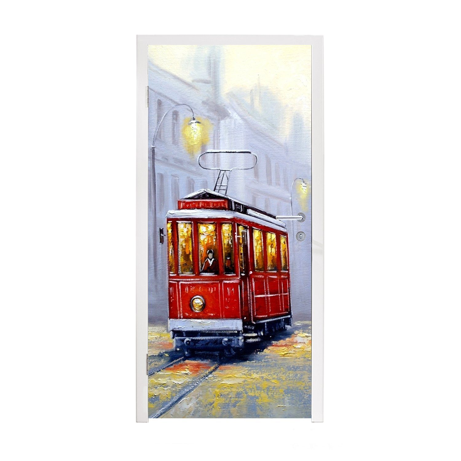 MuchoWow Türtapete Gemälde - Straßenbahn - Stadt - Öl, Matt, bedruckt, (1 St), Selbstklebende Tapete, Folie für Möbel, 75x205 cm