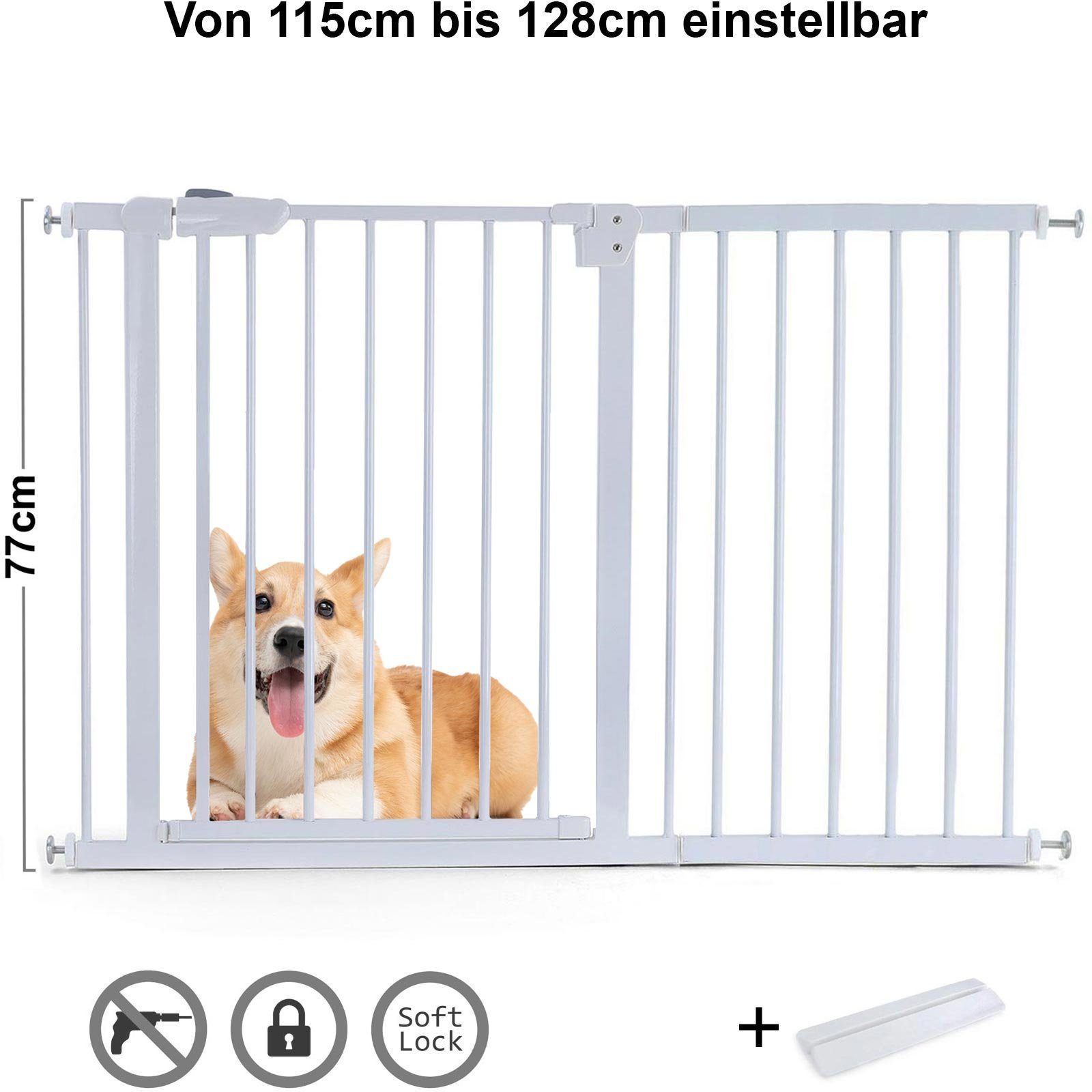 RAMROXX Treppenschutzgitter Absperrgitter Treppenschutz Metall weiß + Rampe 115 -128cm 77cm