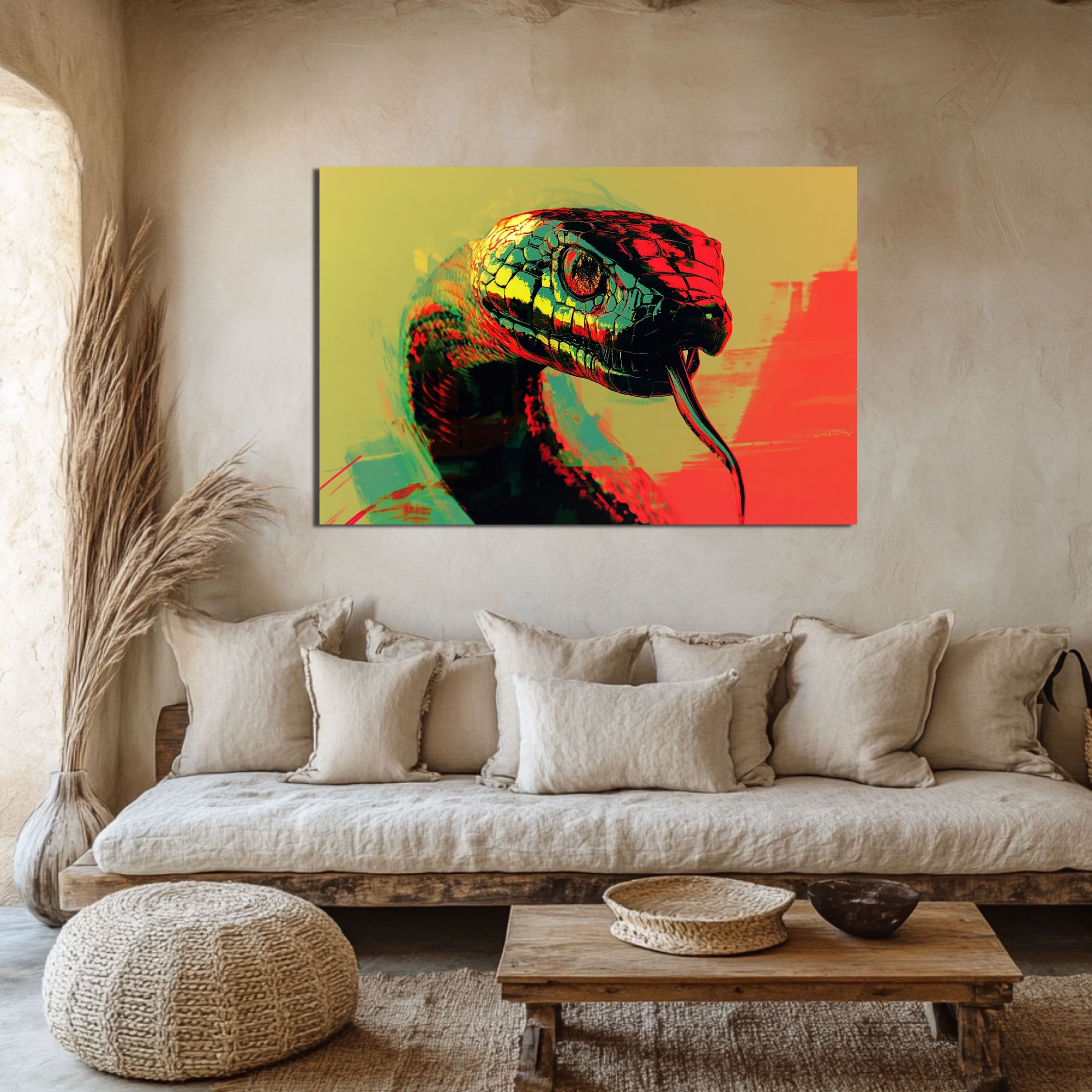 DARO Design Leinwandbild Modern Abstrakt Wandbilder XXL Wandbild Wand Deko Leinwand Bilder, (Schlange Warhol Glitch - Bild groß Wohnzimmer Schlafzimmer Küche Esszimmer Einteilig Querformat Fotodruck Leinwände Wanddeko Abstrakte Kunst Boho), 84x56cm