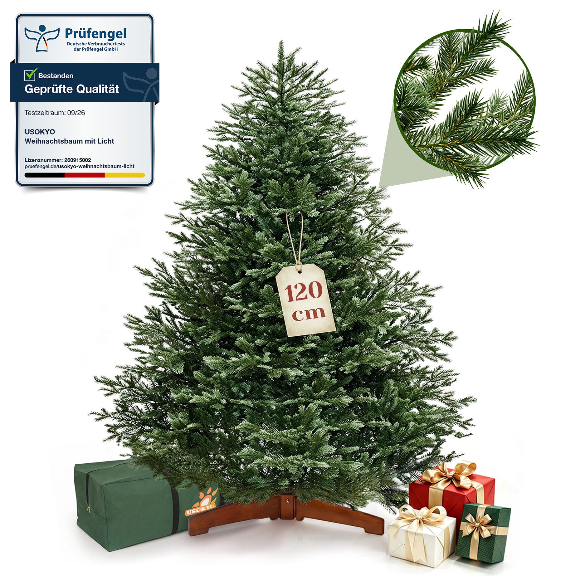 USOKYO Künstlicher Weihnachtsbaum 100 % PE [1,2m/1,8 m/2,1 m] - Naturgetreue Nordmanntanne, Tannenbaum, Premium Weihnachtsbaum mit Holzständer, Klappsystem & langlebig
