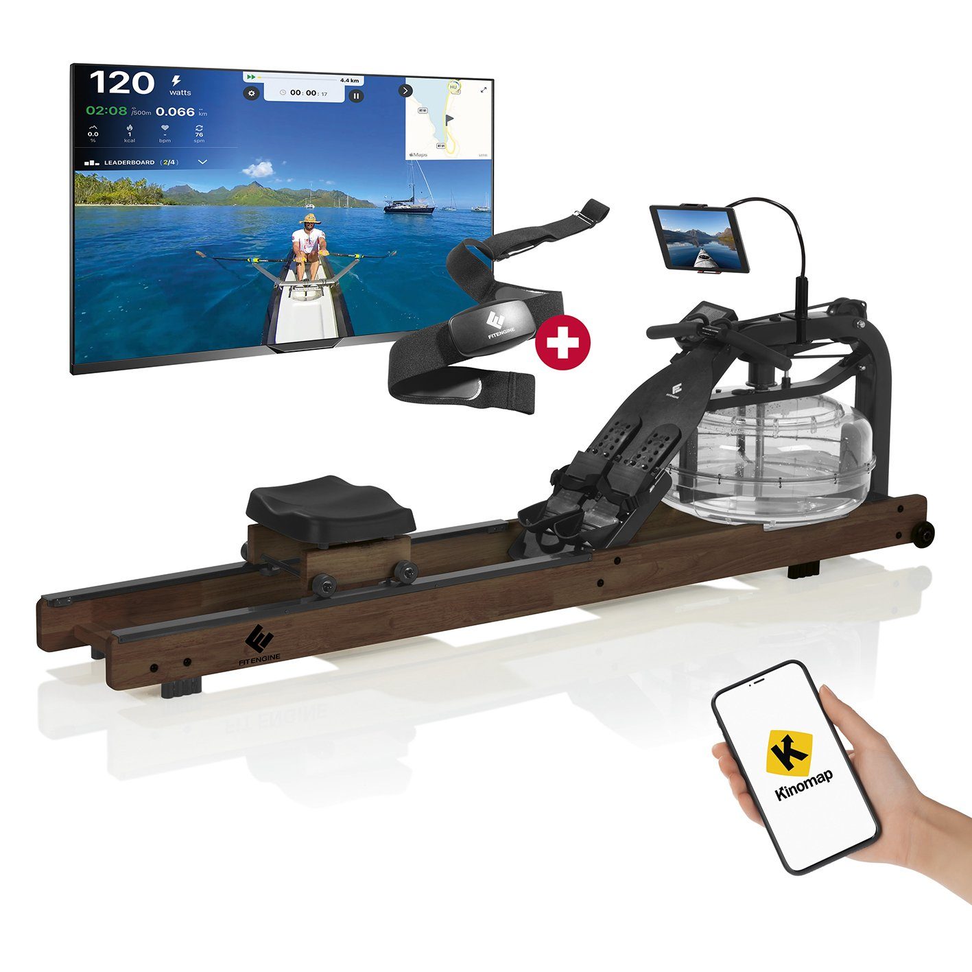 FitEngine Rudergerät Ruderzugmaschine Smart 210cm dunkelbraun + Herzfrequenzmesser