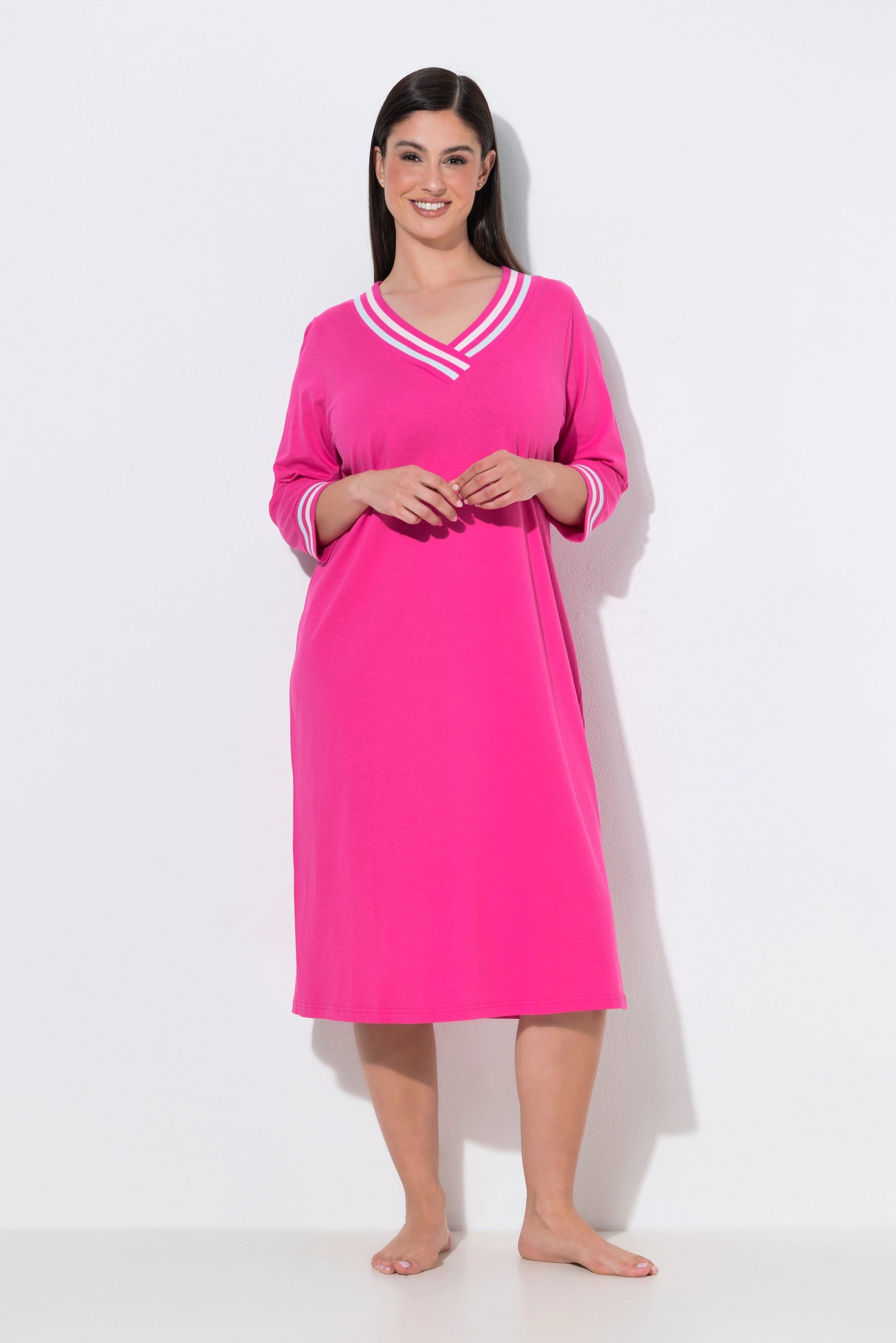 Ulla Popken Bigshirt Nachthemd Streifenkanten V-Ausschnitt 3/4-Arm
