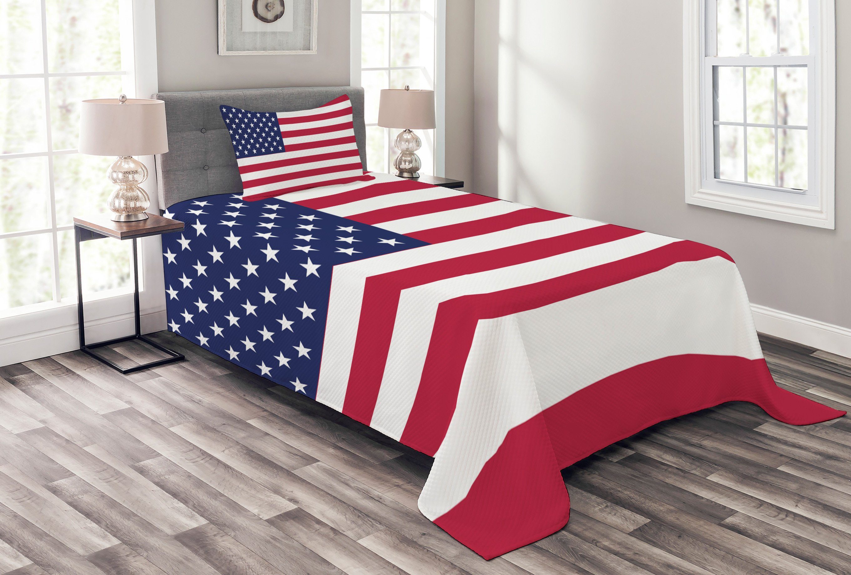 Tagesdecke Set mit Kissenbezügen Waschbar, Abakuhaus, Vierter Juli Amerikanische Flagge