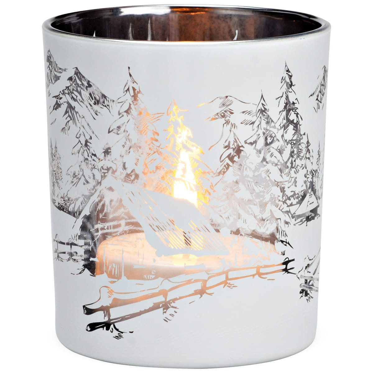 matches21 HOME & HOBBY Kerzenhalter Glas Windlicht Winter-Wald Teelichthalter Ø 9 x 10 cm weiß (1 St), Schönes Teelicht Kerzenglas als Winter-Deko Weihnachten Tischdeko