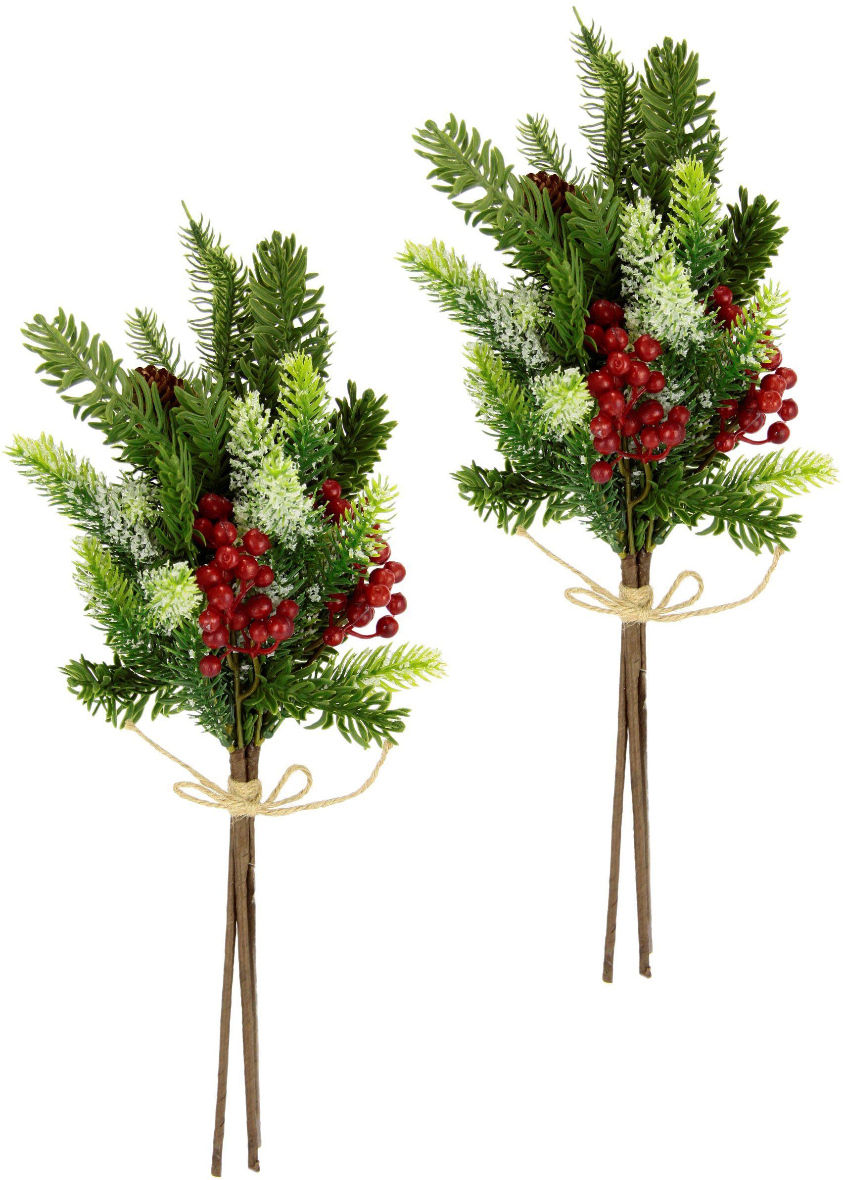 Winterliche Kunstpflanze Kunstzweig, Dekozweig aus Kunststoff, Weihnachtsdeko Tannenzweig-Bund, I.GE.A., Höhe 40 cm, mit echten Zapfen, Beeren und Schleife, geeist, 2er Set, grün, rot