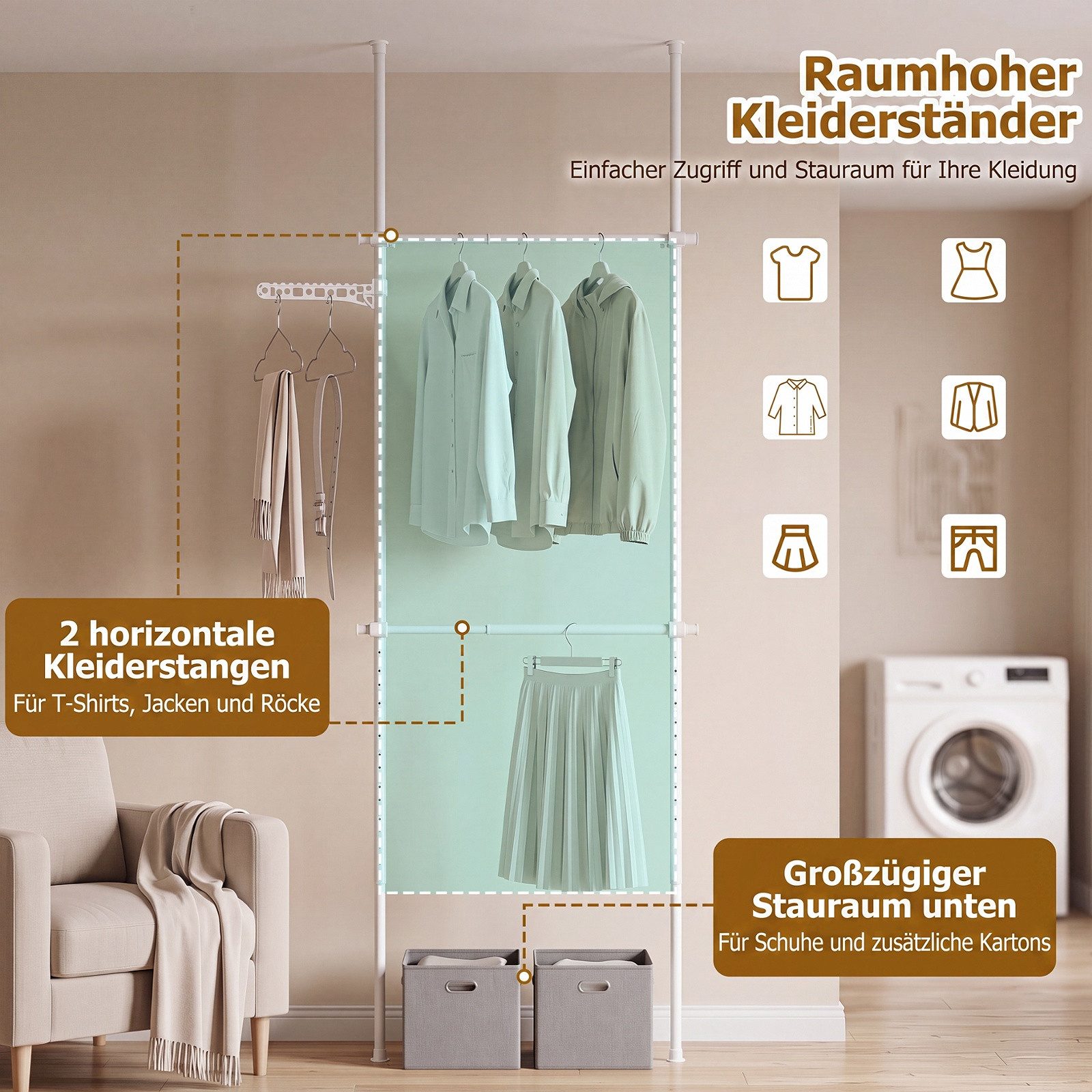 COSTWAY Kleiderständer Teleskopregal ohne Bohren Metall höhenverstellbar, 76-129 x 110-315 cm – Bild 2 von 5
