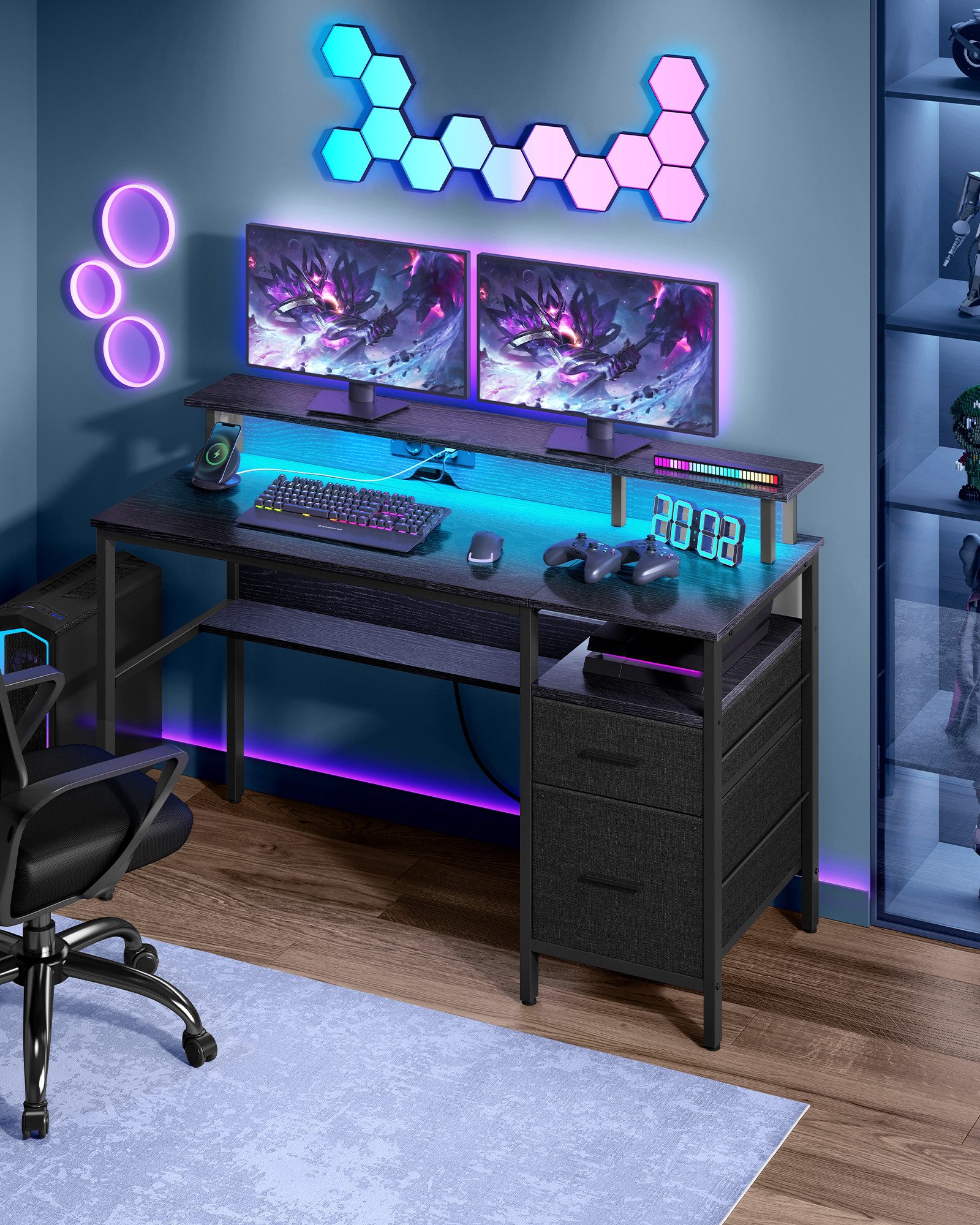 VASAGLE Schreibtisch Computertisch, mit LED-Beleuchtung, eingebaute Steckdo günstig online kaufen