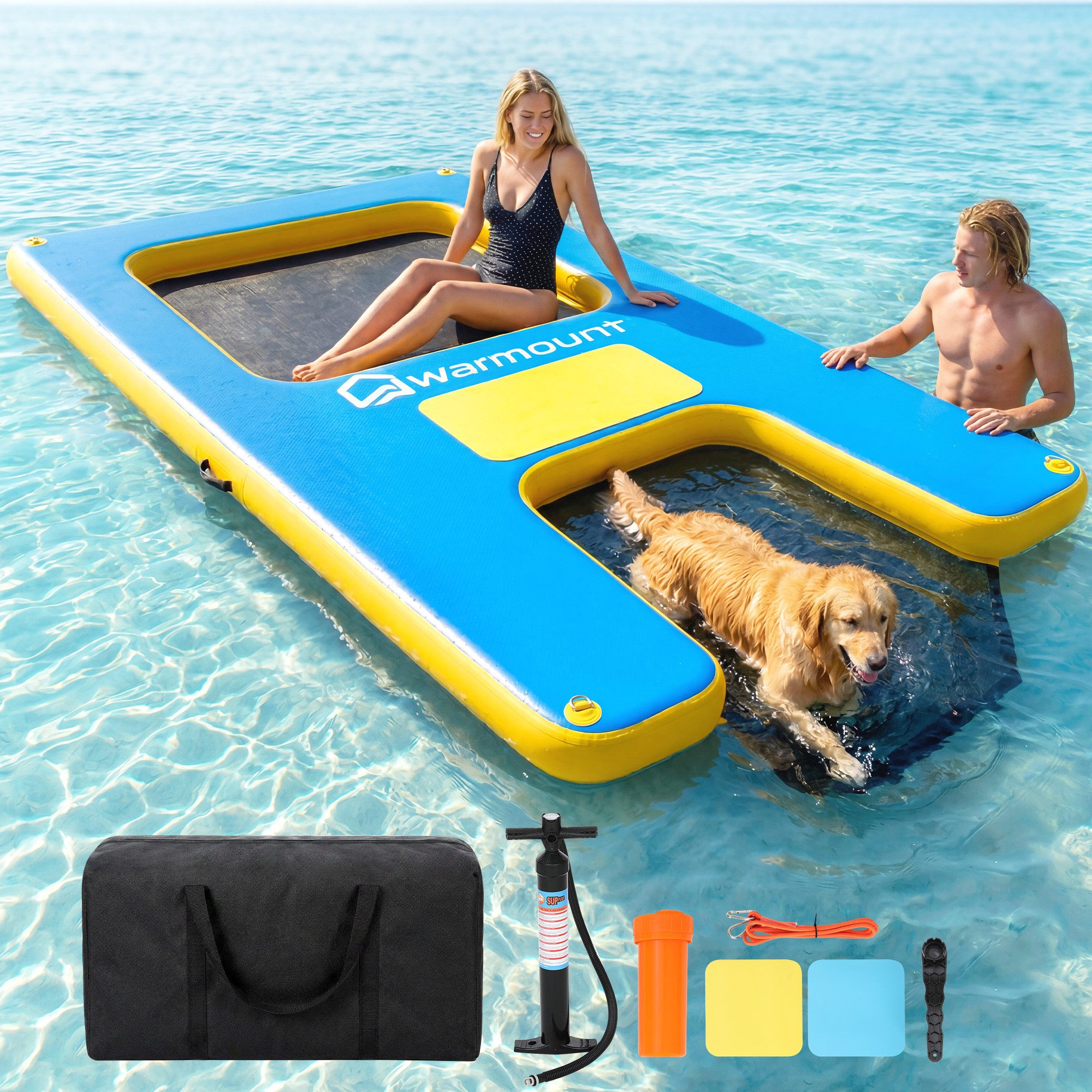 Schwimminsel aufblasbar Luftmatratze 340kg Tragkraft mit Hunde-Bootsrampe 305×183cm