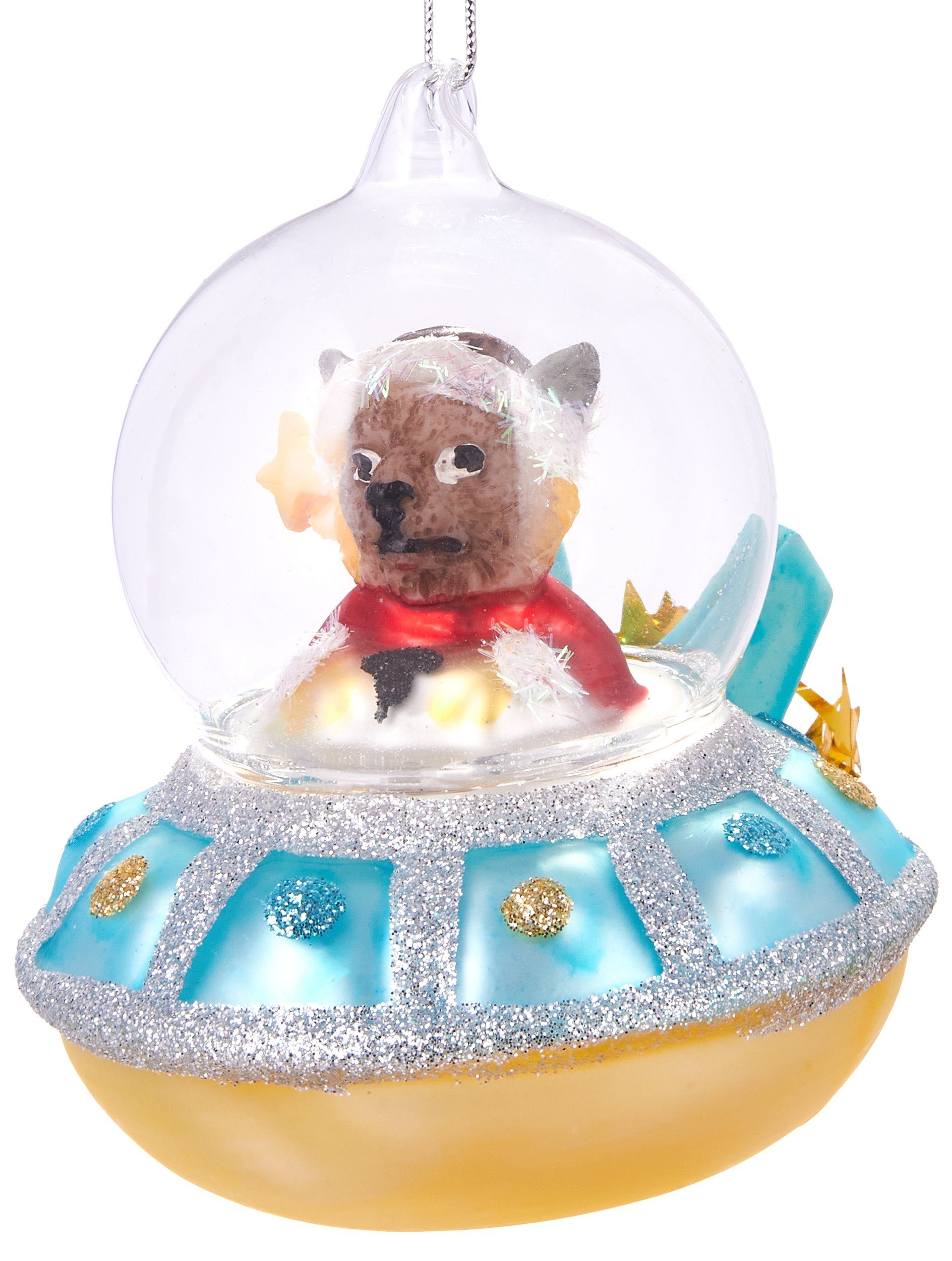 Christbaumschmuck Mundgeblasene Baumkugel Hund in blauem UFO