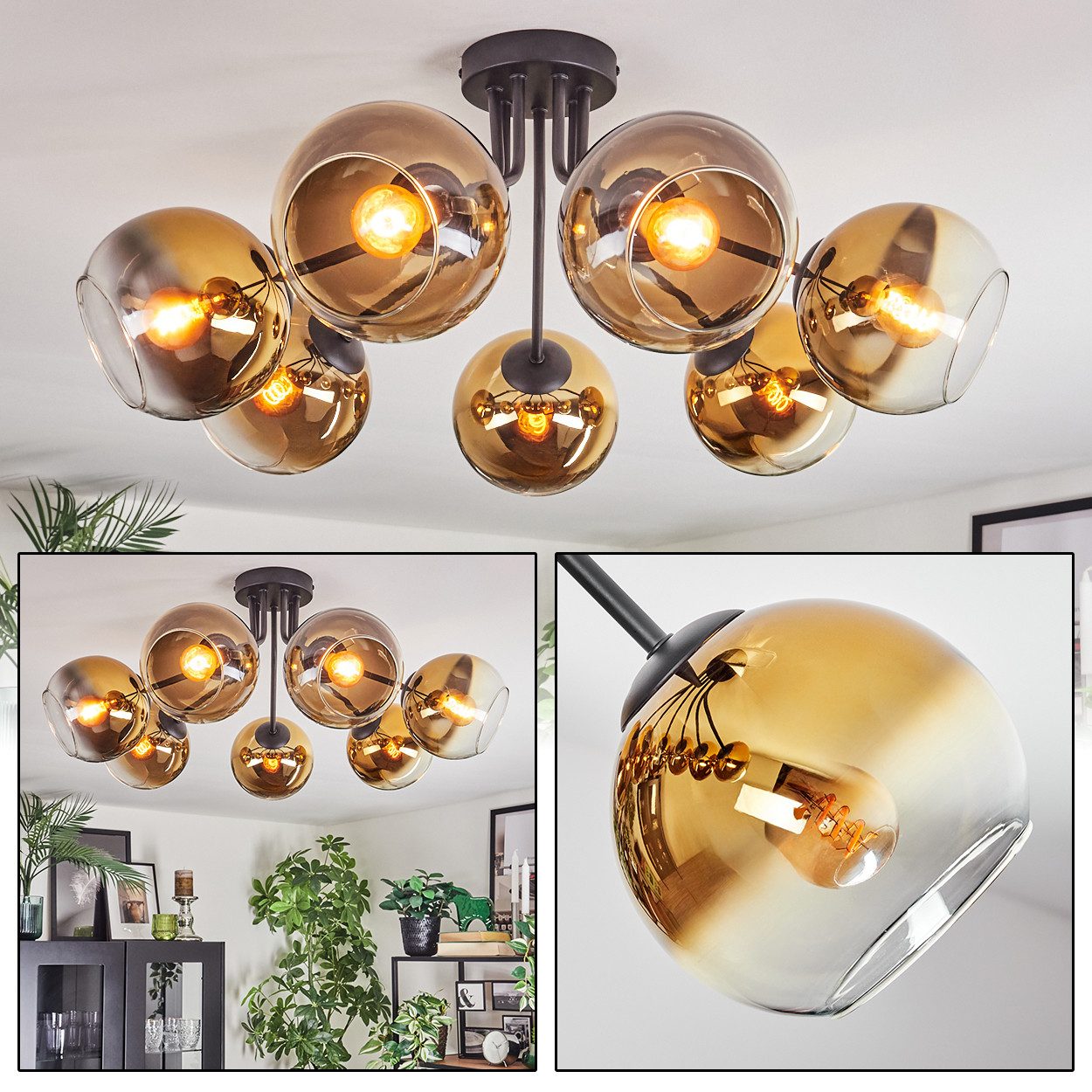 hofstein Deckenleuchte 7-flammige Deckenlampe aus Metall/Glas in Schwarz/Gold/Klar, moderne Leuchte im Retro/Vintage-Design (Schirme Ø 15 cm), E14