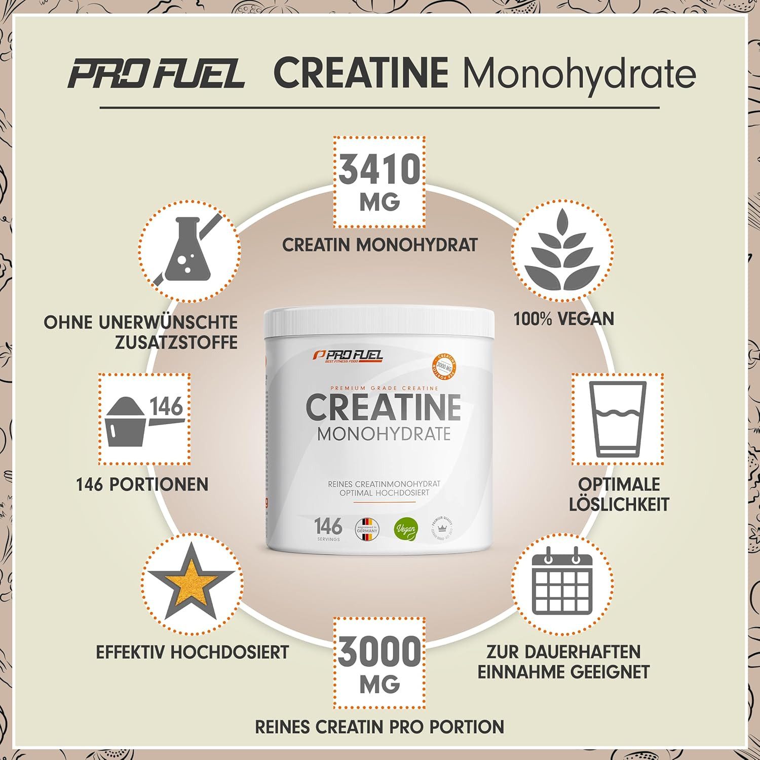ProFuel Creatin Monohydrat Pulver 1kg / 1000g reines Kreatin Monohydrat Pulver, 1 er Mikronisierte Qualität für gute Löslichkeit à 501 g, ohne Zusätze 100% vegan