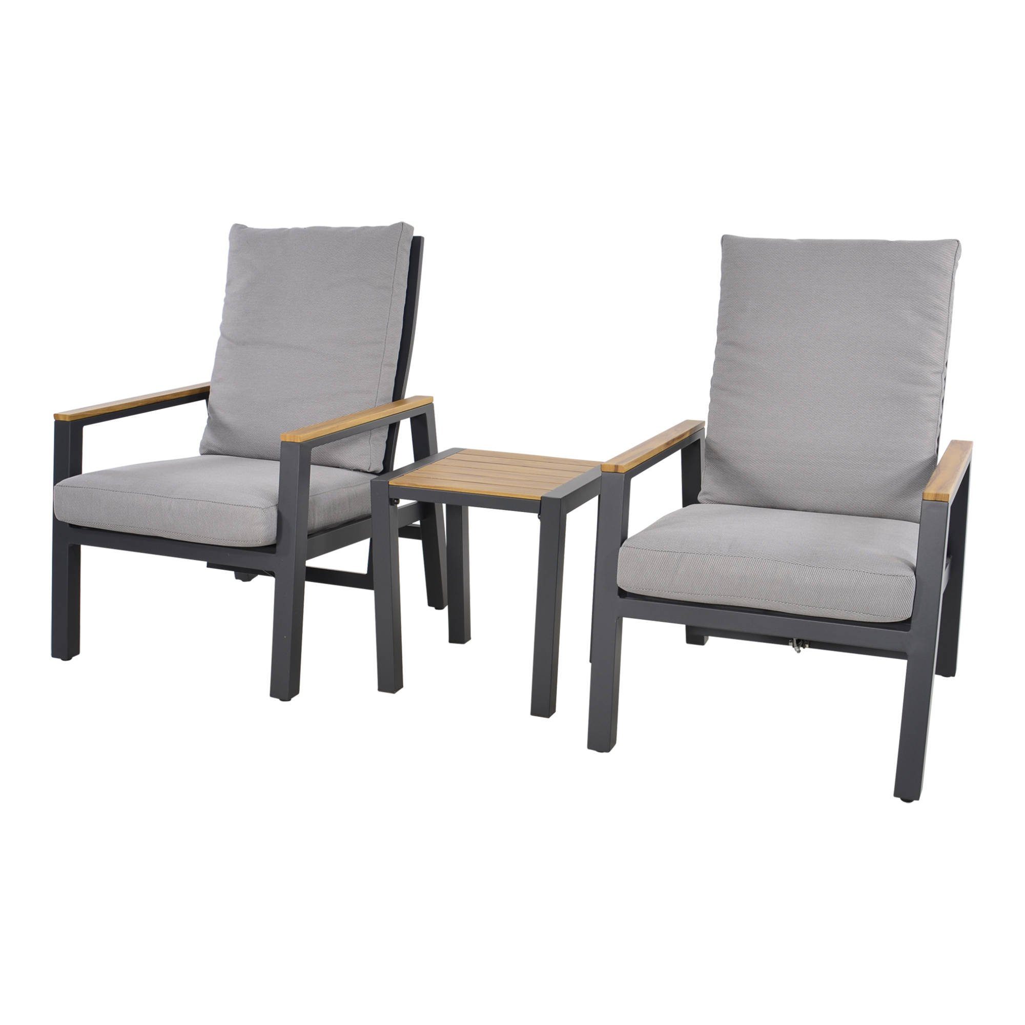 inkl. 2 Aluminium Living Stühlen, CODA, Teaklook Sitzpolster), wasserabweisend, Fußbänken 2 grau Sitzgruppe im (Gartenliegen-Set, Tischplatte 5-tlg., GMD Tisch bestehend & aus