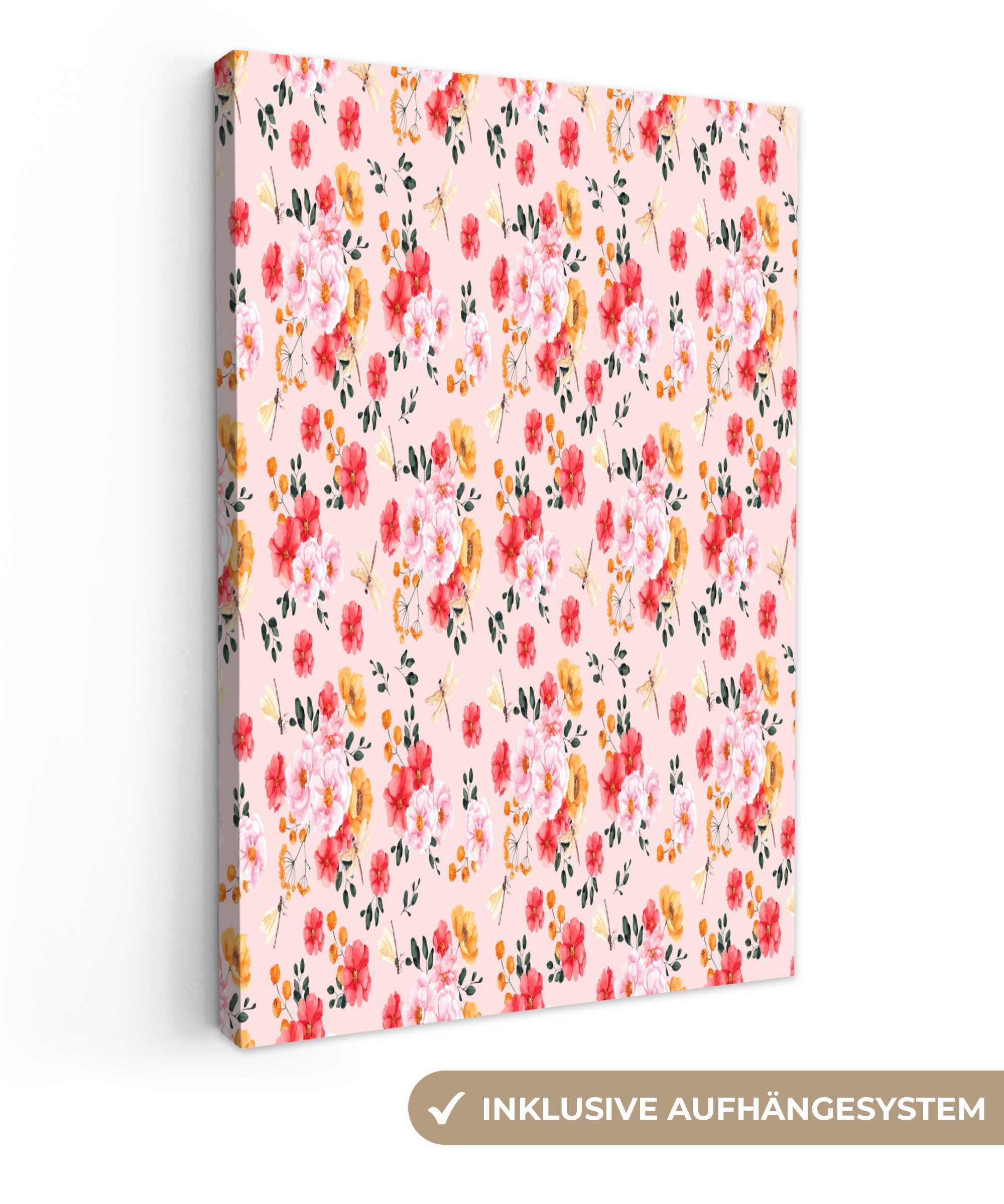 OneMillionCanvasses® Leinwandbild Blumen - Rosa - Muster, (1 St), Leinwandbild fertig bespannt inkl. Zackenaufhänger, Gemälde, 20x30 cm | Leinwandbilder