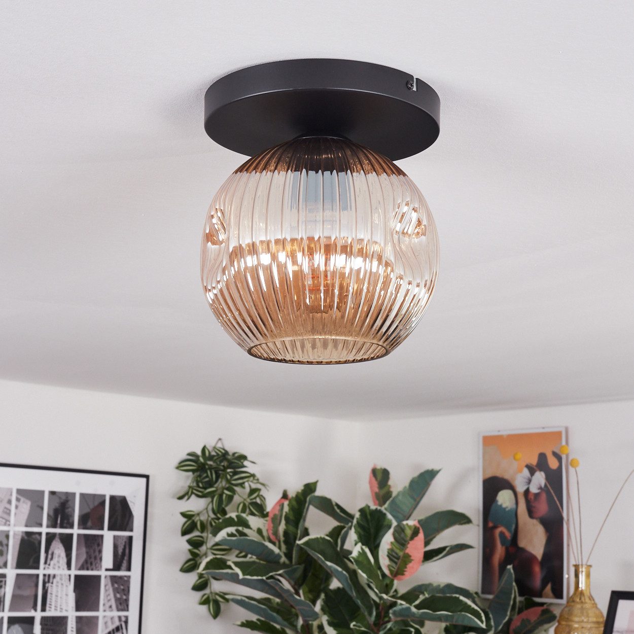 hofstein Deckenleuchte Deckenlampe aus Metall/Riffelglas in günstig online kaufen