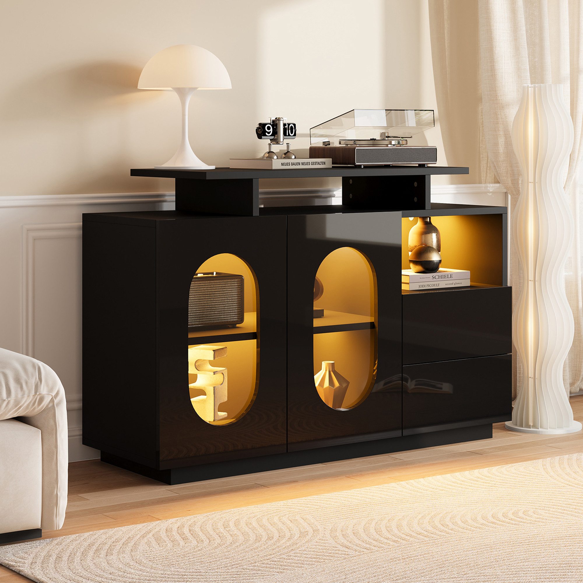 KLAM HOME Sideboard Elegantes LED-Sideboard mit Glasfront und Beleuchtung (Moderne Aufbewahrungslösung für Wohnzimmer), Praktisches Multifunktionsmöbel für stilvolle Räume