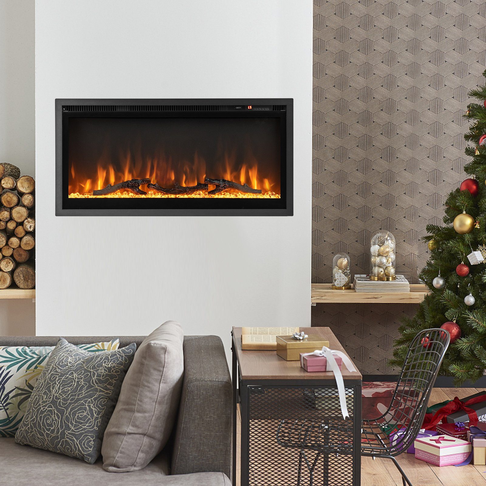 COSTWAY Elektrokamin, 750W/1500W, für 36", 9 Flammenfarbe, 5 Helligkeitsstufe