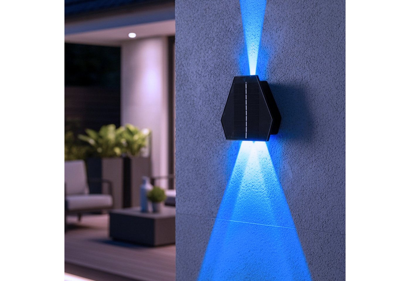 Arnusa LED Solarleuchte Außenwandleuchte Blau RGB Solar Wandleuchte Solarwandlampe, Farbwechsel, LED fest integriert, Blau, Rot, Grün, moderne Außenleuchte kabellos