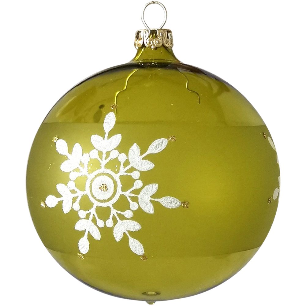 Thüringer Glasdesign Weihnachtsbaumkugel Weihnachtskugel-Set Kristallblüten moosgrün (6 St), mundgeblasen, handdekoriert