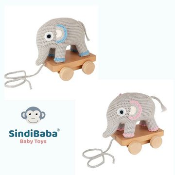 SindiBaba Nachziehtier Gehäkeltes Nachziehtier Elefant JUMBO rosa SindiBaba, (2-tlg), Abnehmbares Kuscheltier mit Rasseldose