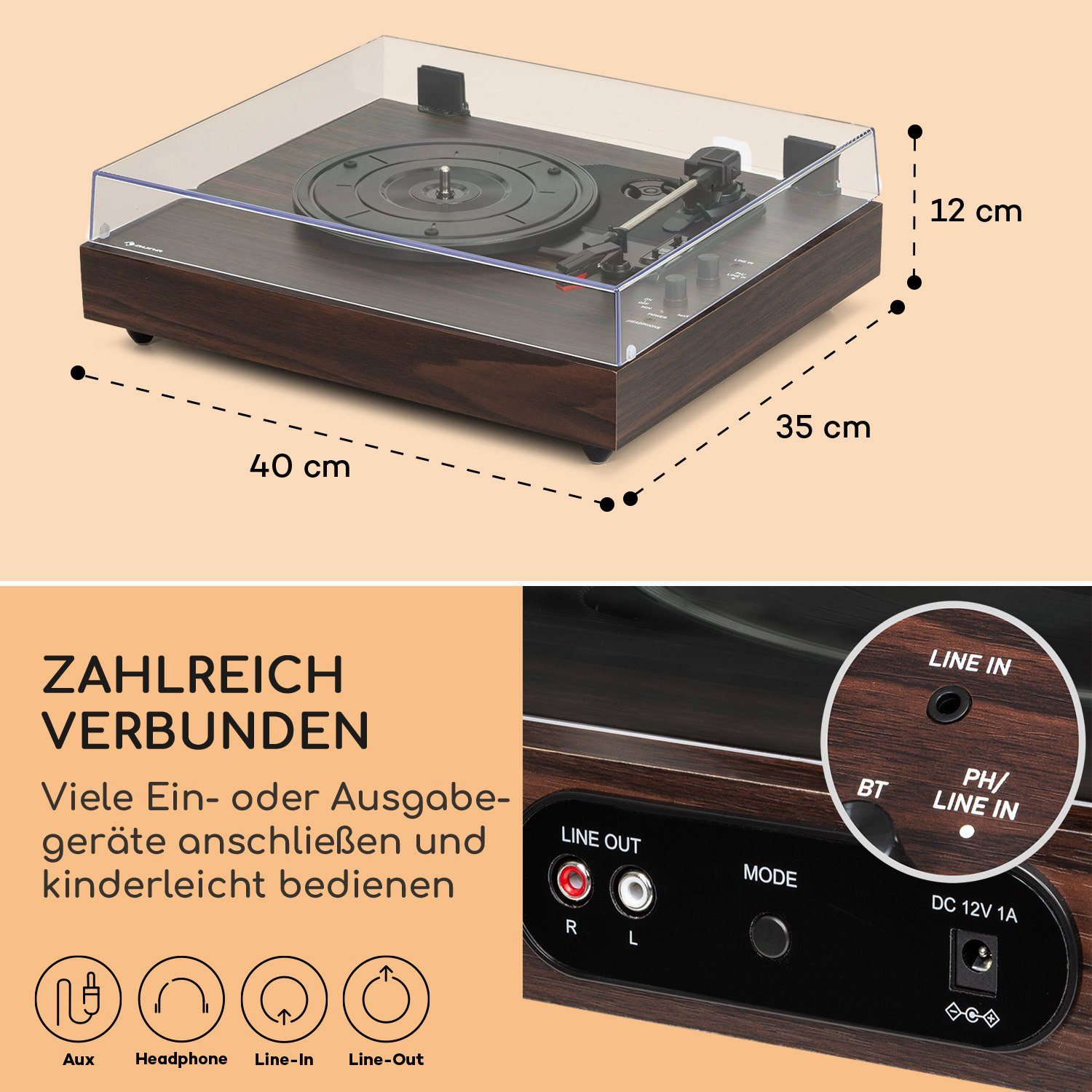 Plattenspieler TT-Classic Vinyl Chrono (Riemenantrieb, Plattenspieler) mit Schallplattenspieler Bluetooth, Lautsprecher Auna