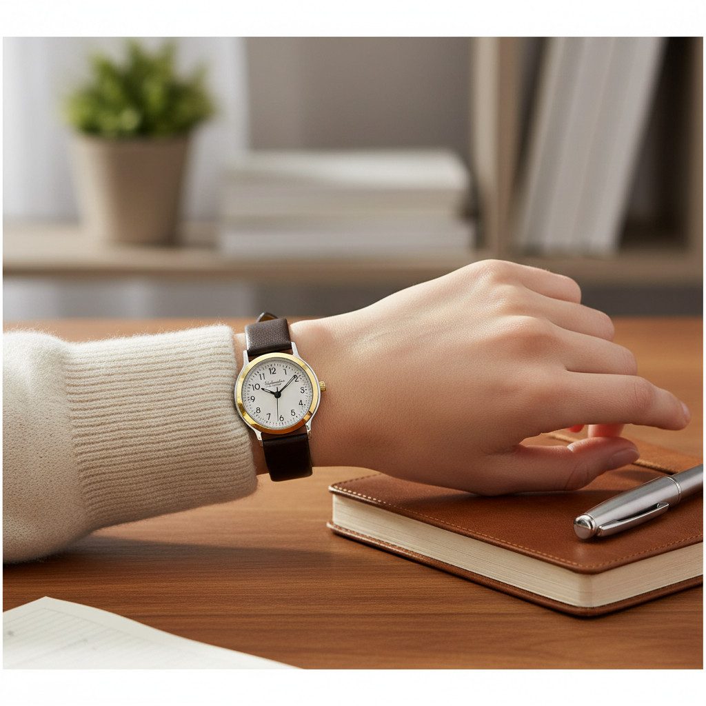 Eichmüller Quarzuhr Damenuhr – Bicolor Armbanduhr 3055-04, Zifferblatt weiss und braunes Lederband, 26 mm