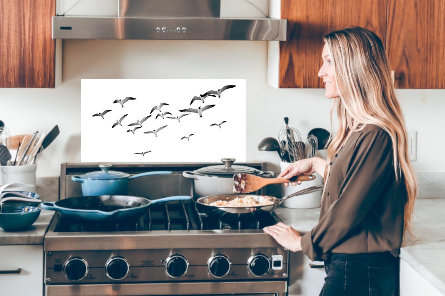 - Wandschutz, cm, weiß und MuchoWow Himmel, Küchen - Schwarz für Küchenrückwand - Natur 60x30 Vögel und gegen Schmutzflecken (1-tlg), Fett