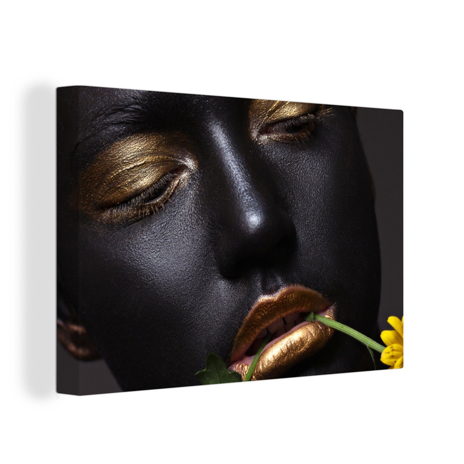 OneMillionCanvasses® Leinwandbild Frau - Blumen - Gold - Schwarz, (1 St), Wandbild Leinwandbilder, Aufhängefertig, Wanddeko, 30x20 cm