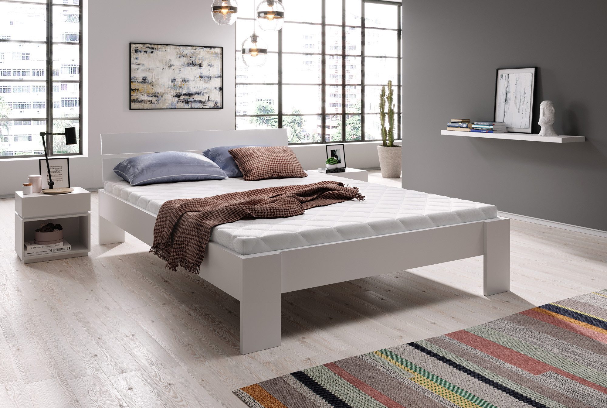 inter Futonbett Lutz 140x200 cm Weiß Doppelbett Bett – Platzsparendes Design (1 Kopfteil, 2 Seitenteil), Sofort Lieferbar
