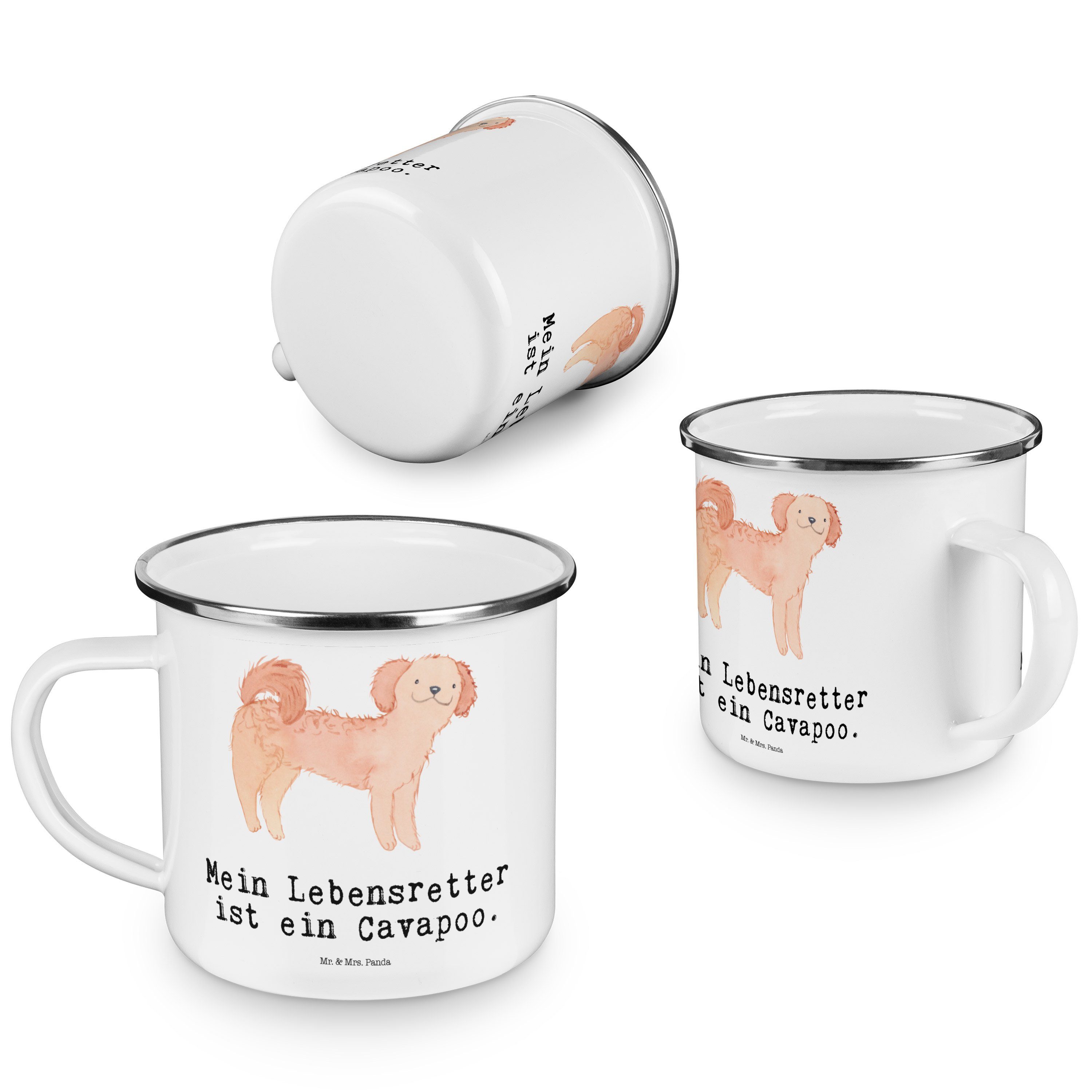 Mr. Panda Campingbech, Geschenk, - Becher Emaille - Cavoodle, Mrs. & Emaille Weiß Cavapoo Lebensretter