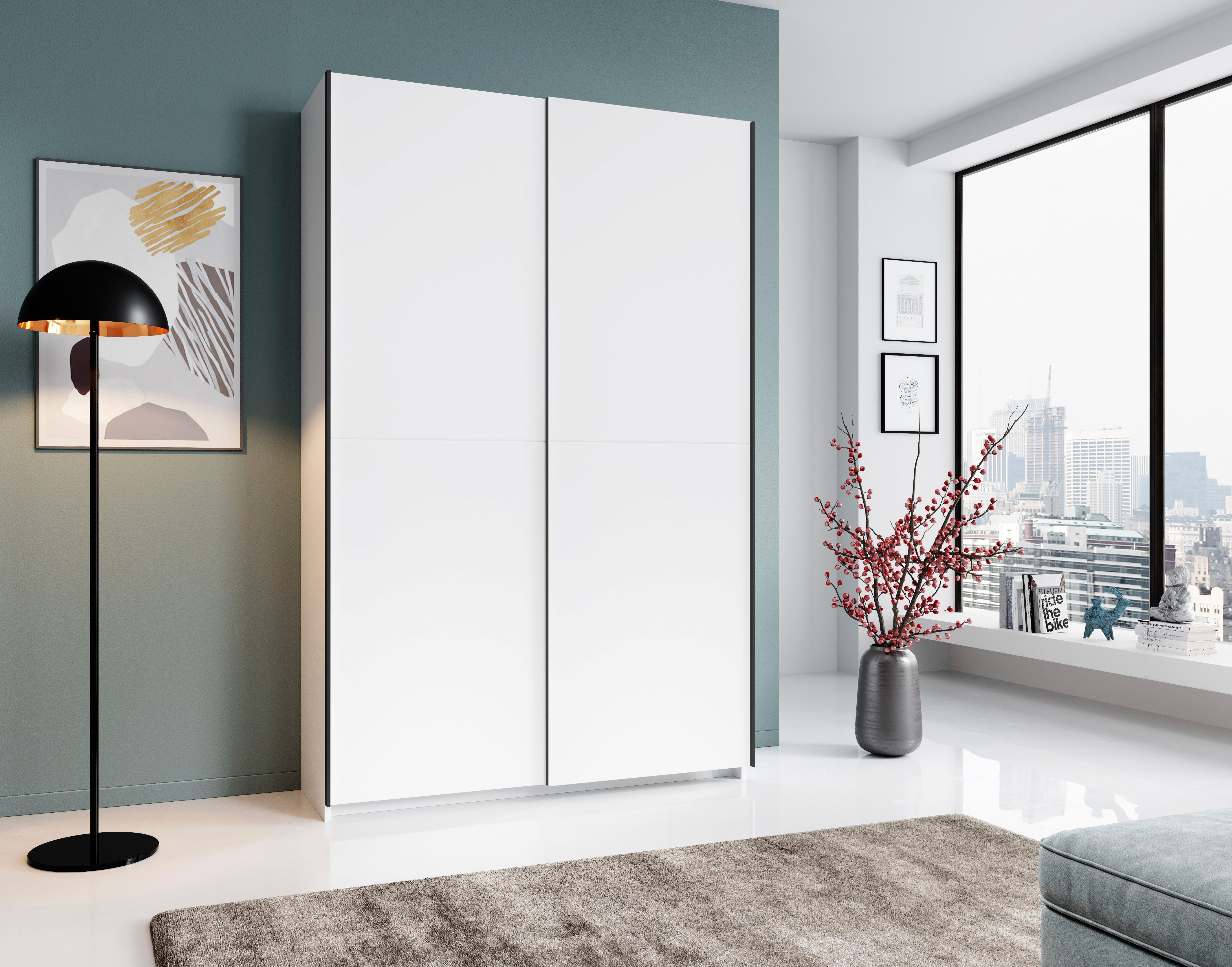 Schlafkontor Schwebetürenschrank Heimo/Fast Schrank Kleiderschrank Garderobe geringe Tiefe, ausziehbarer Kleiderstange, Garderobenschrank, 6 Böden