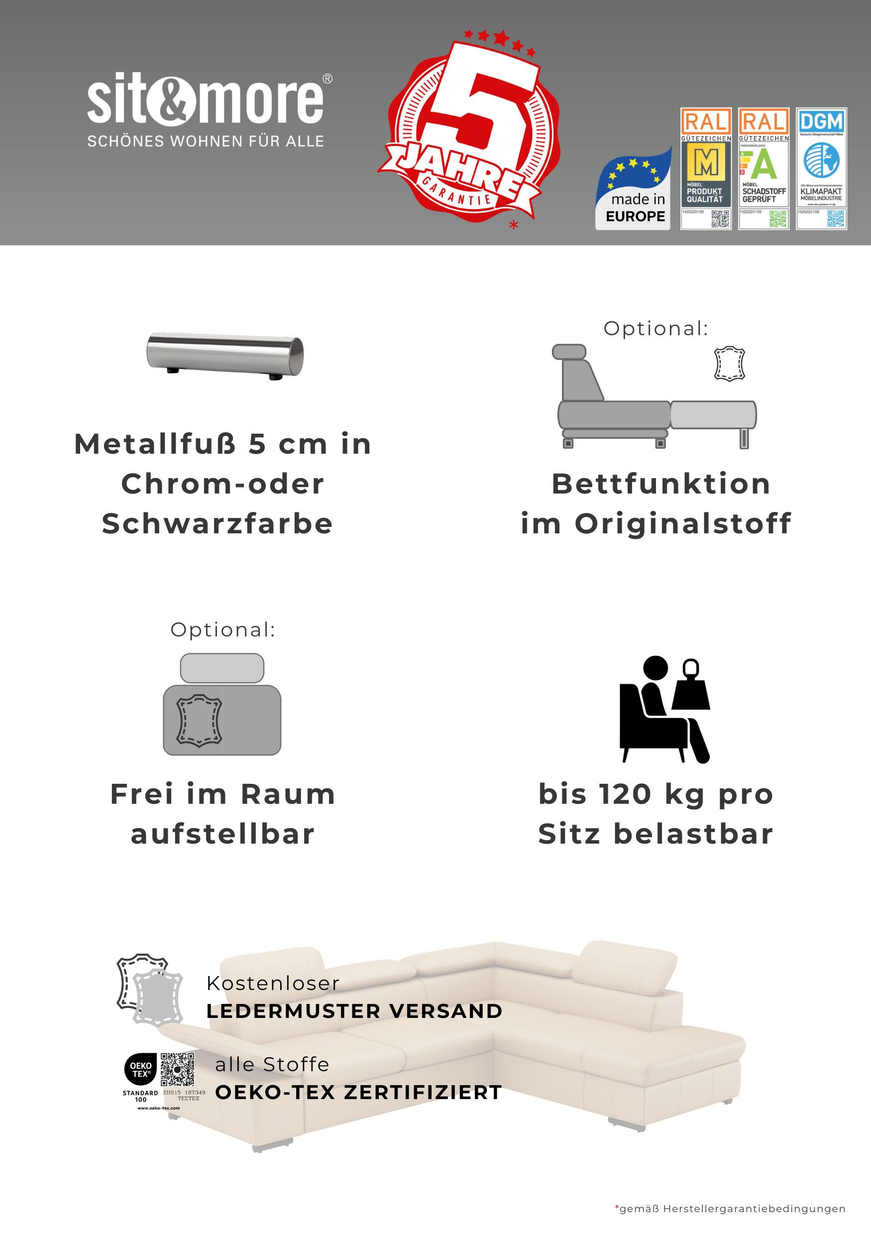 sit&more Ecksofa Alcudia L-Form, modernes Design, Breite 272cm, Liegefl. 196x124cm, mit Armteilverstellung, optional Kopfteilverstellung & Schlaffunktion