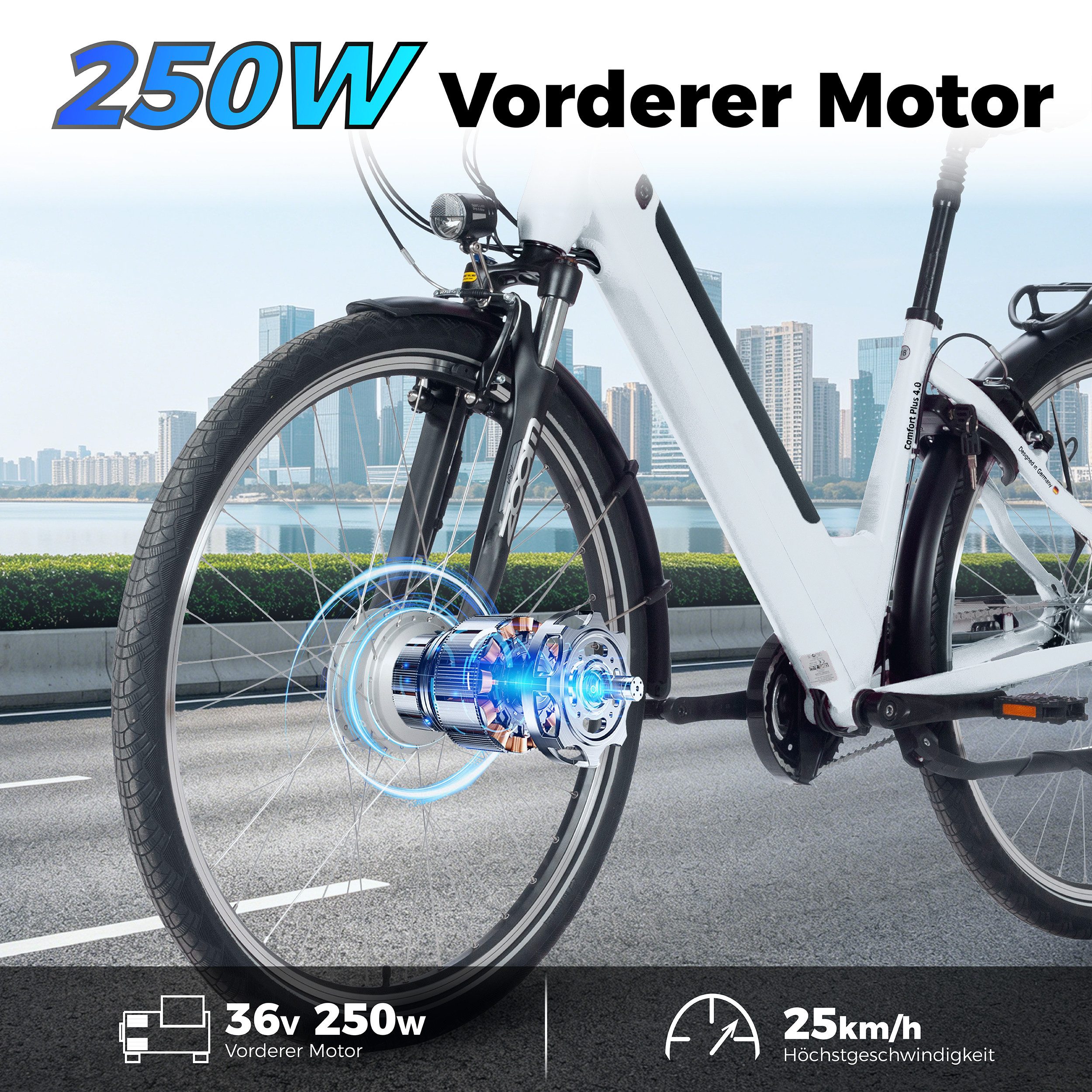 SAXXX E-Bike Cityrad 28 Zoll, max.90km, Federsattelstütze, Federgabel mit Lockout, V-Bremse, 7 Gang Shimano NEXUS Schaltwerk, Nabenschaltung, Frontmotor, 418 Wh, 5 Stufen, max. 130 kg, Pedelec, Elektrofahrrad für Damen und Herren