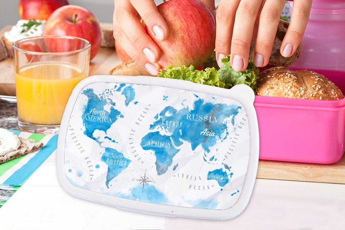 MuchoWow Lunchbox Weltkarten Mädchen, Kinder, (2-tlg), Ölfarben, rosa Snackbox, Kunststoff Brotdose Brotbox - für Erwachsene, Kunststoff