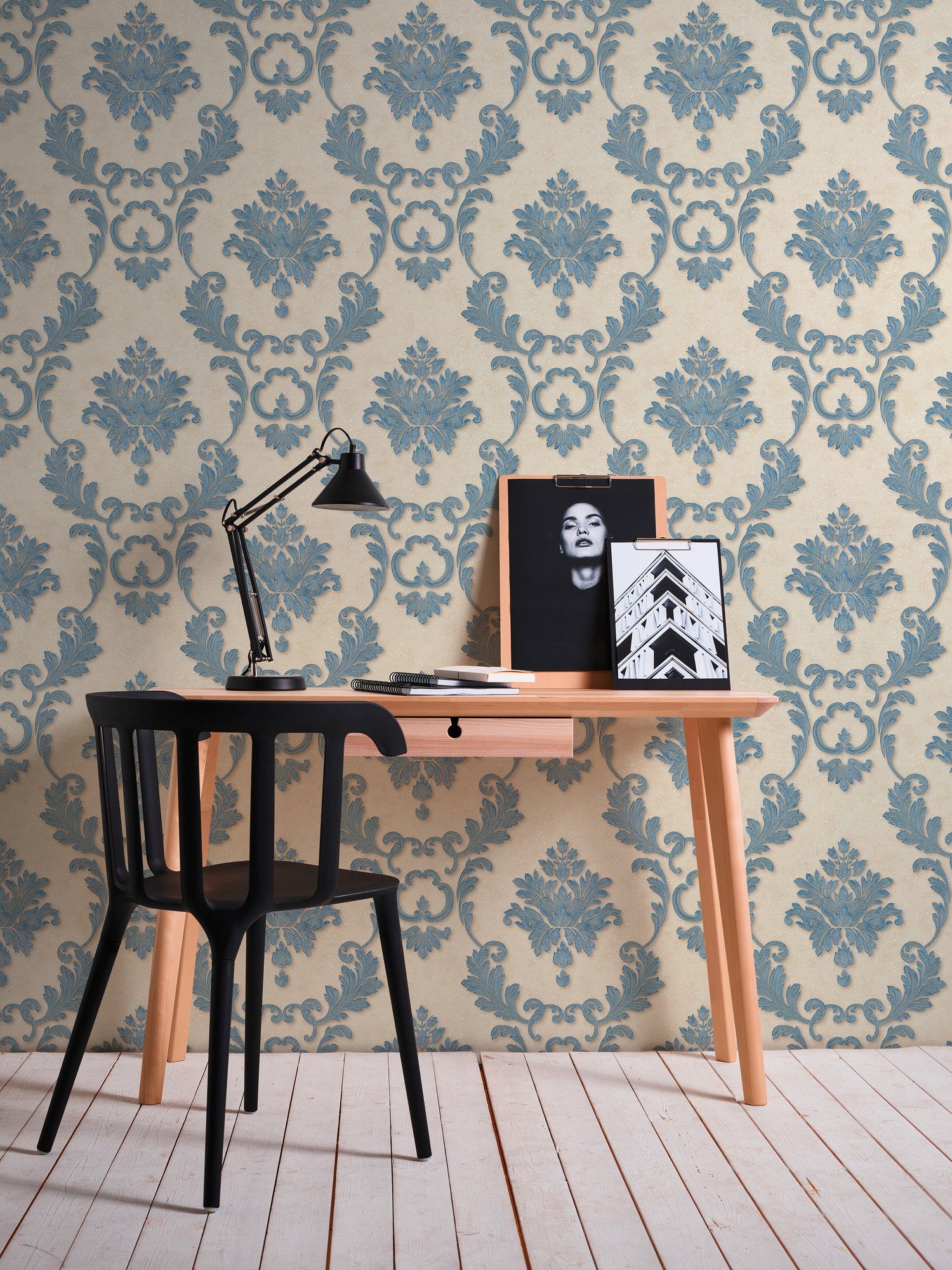 Architects Création Paper Textil Barock A.S. Effekt Luxury Metallic wallpaper, Barock, blau/gold/creme Tapete Vliestapete