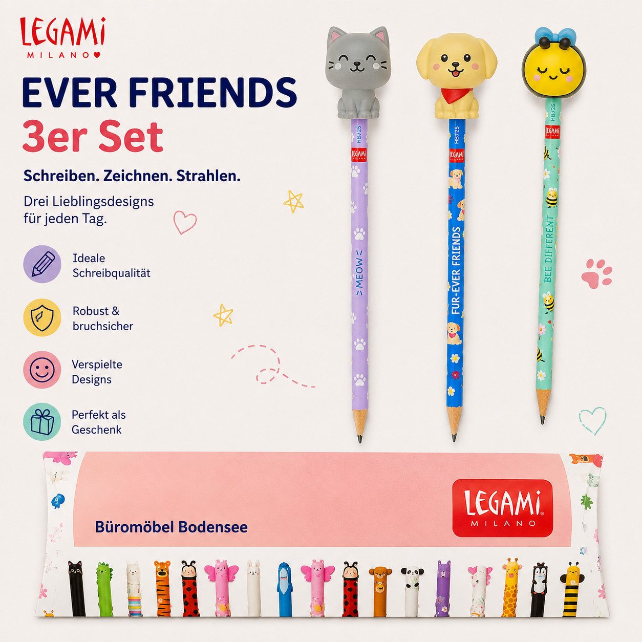 Legami Bleistift LEGAMI Squishy Bleistift 3er-Set Ever Friends Kitty Bee Golden