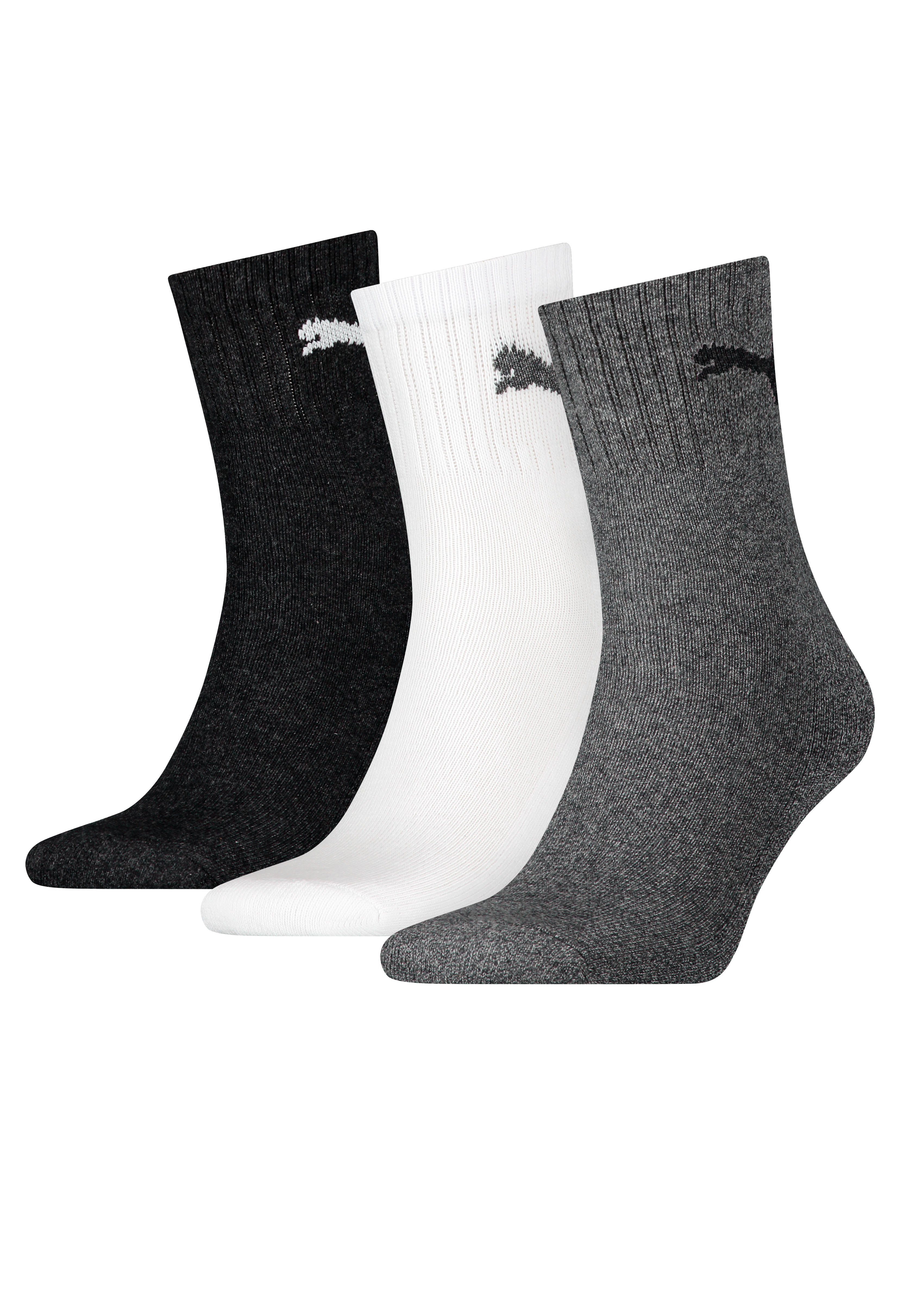 PUMA Sportsocken short mit crew weiß, Rippe 1x 1x schwarz, 1x klassischer (3-Paar) grau-meliert