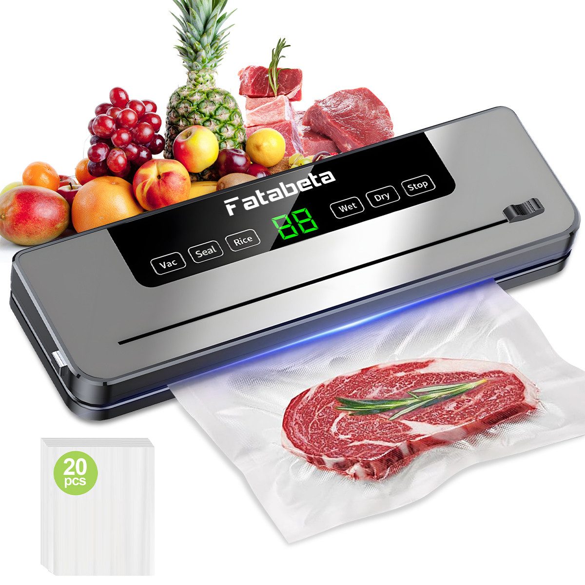 7MAGIC Vakuumierer 6 in 1 Vakuumiergerät, 80kPa Folienschweißgerät für Sous Vide Kochen, Rollenbreite 30 cm, 110W, bis zu 10X Länger Frisch, mit 20 Vakuumbeuteln und 1 Schlauch