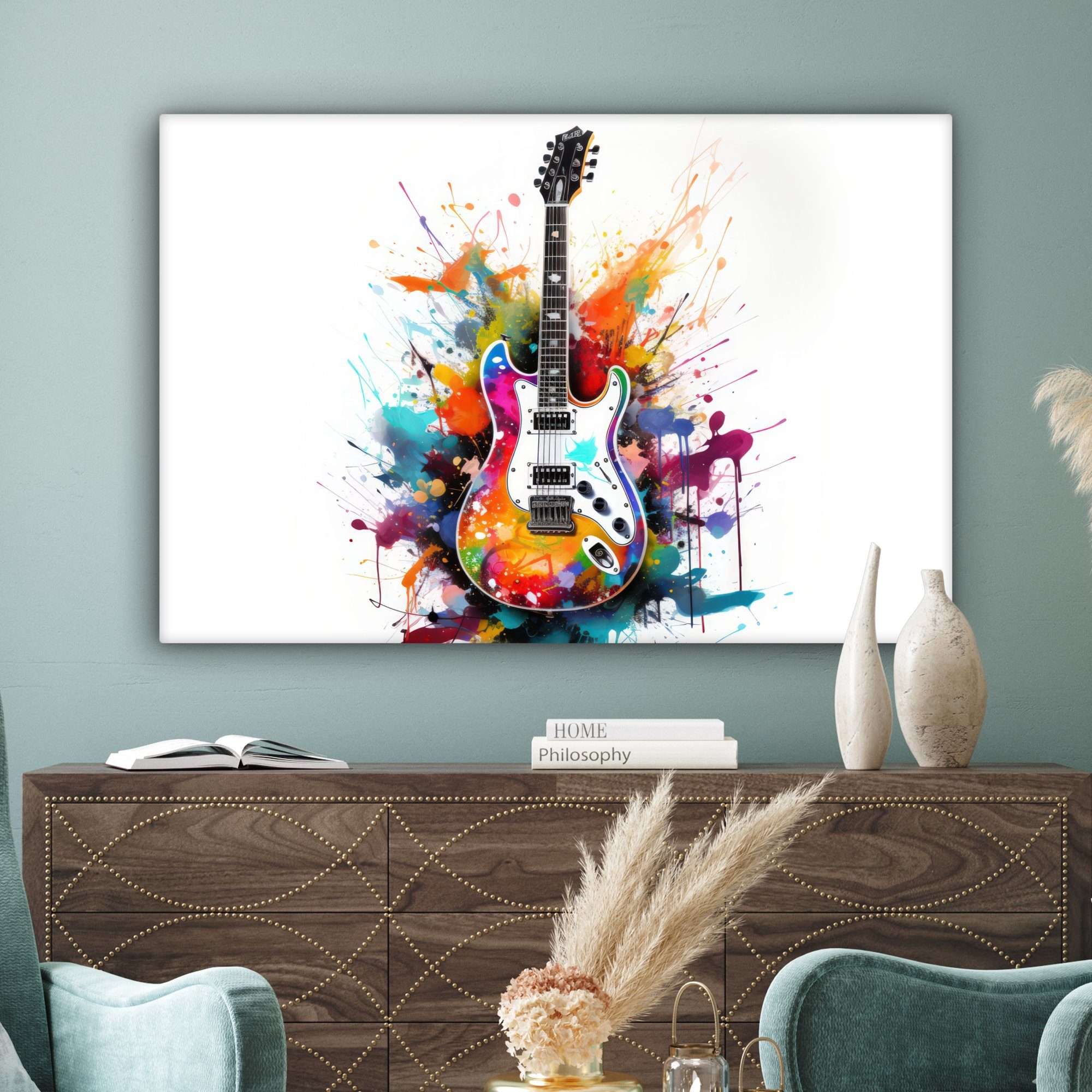 großes, Musik - - Wohnbereiche, alle OneMillionCanvasses® cm Leinwandbild Gemälde, St), für Gitarre 120x80 Weiß, XXL, (1 Graffiti - Wandbild