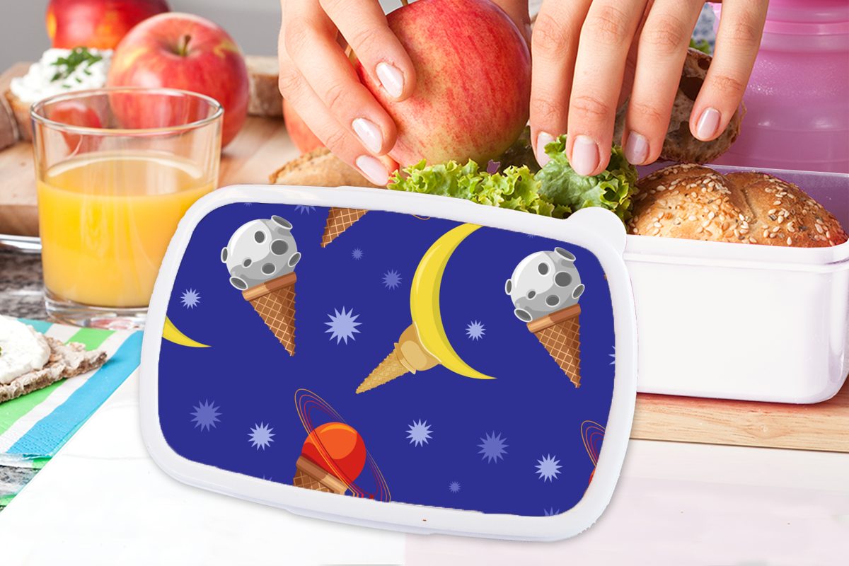 für Brotdose, Lunchbox MuchoWow für Kinder - Brotbox Muster, und Planeten Kunststoff, Mädchen - Erwachsene, (2-tlg), Eiswaffeln weiß Jungs und
