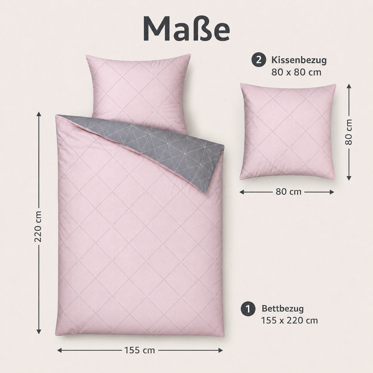 soma Bettwäsche Biber Garnitur 155x220 cm Rosa Grau inkl. Kissen 80x80 cm Wende-Design, Biber, 2 teilig, 100 % Baumwolle, Reißverschluss, geometrisches Muster,  – Bild 3 von 5