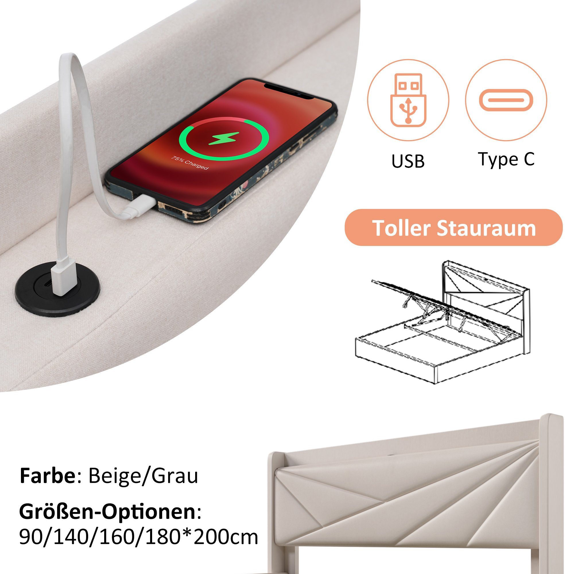 Polsterbett (Funktionsbett mit Lattenrost und Matratze), Stauraumbett 90x200cm mit USB Typ C Ladefunktion Kopfteil, Leinen