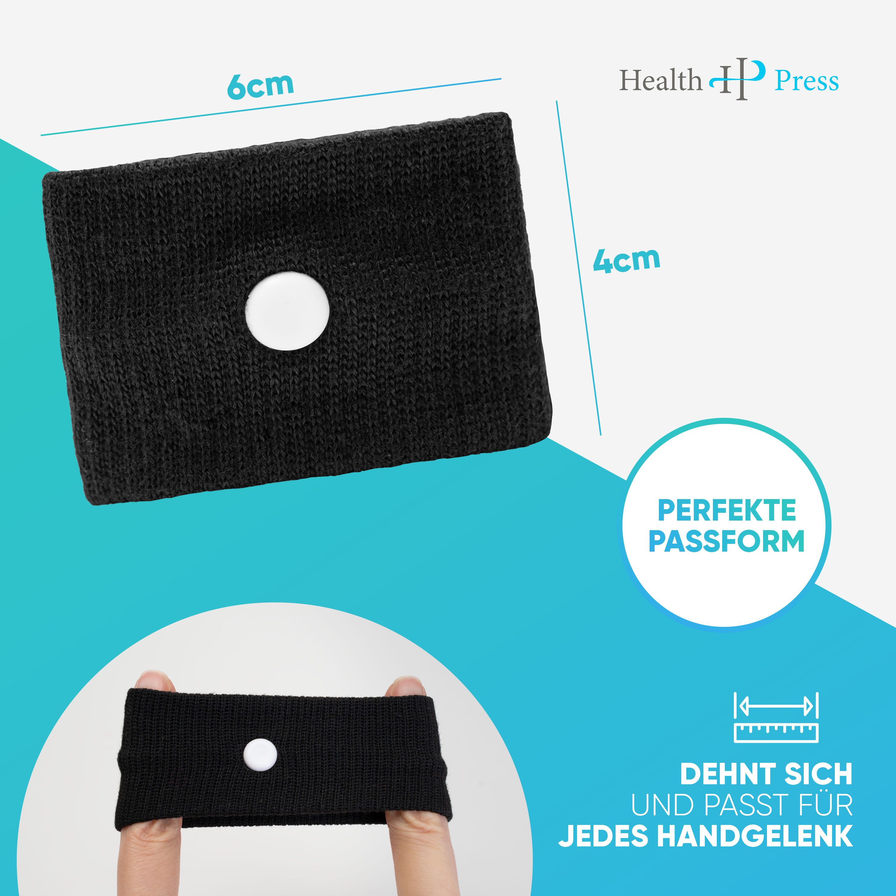Health Press Akupressur-System-Bandage Armband Schwarz mit optimierter Passform für jedes Handgelenk geeignet, Dermatologisch getestet