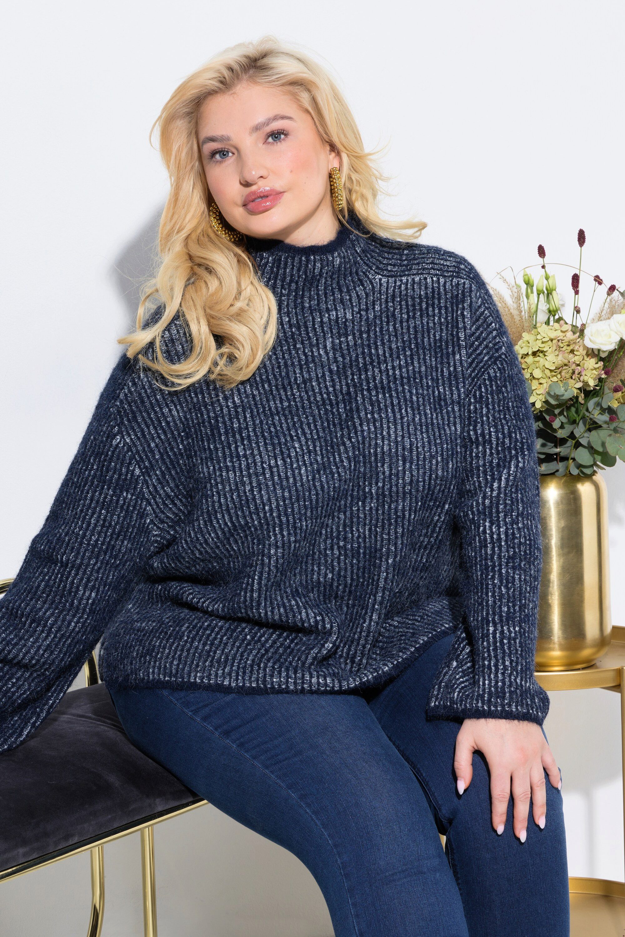 Ulla Popken Strickpullover Pullover Streifen Stehkragen Langarm